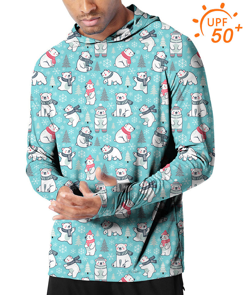 Men's outdoor Christmas slim fit hoodie with white bear print and UPF 50+ sun protection