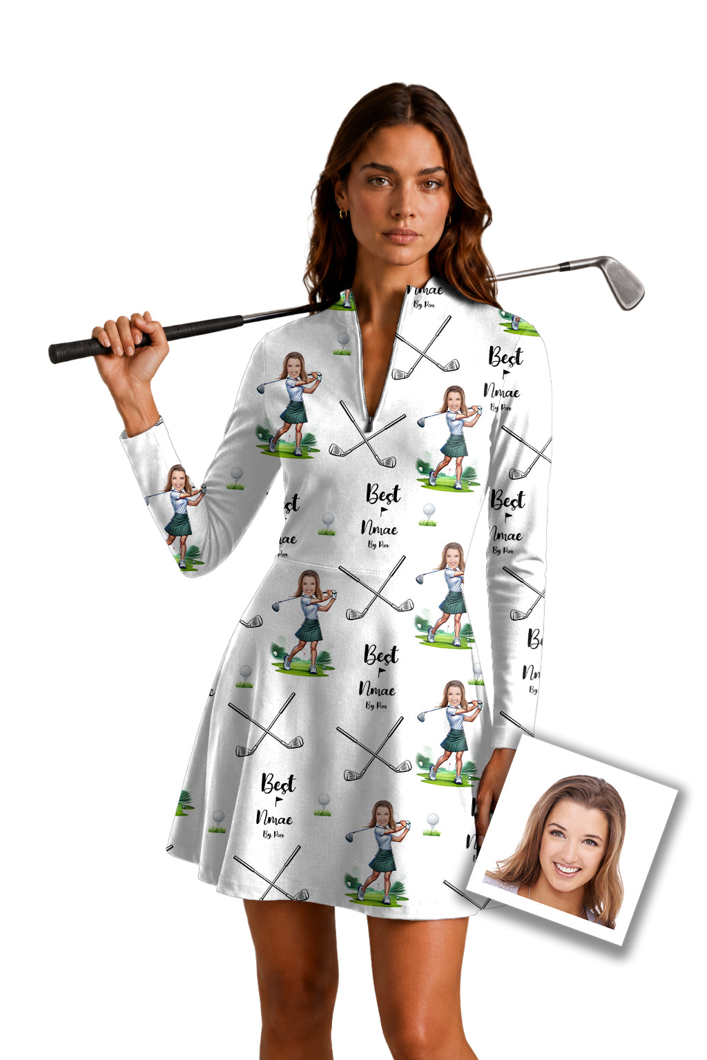 Custom Photo Face & Your Name Women's Golf Long Sleeve Zipper Dresses Comes with separate matching shorts