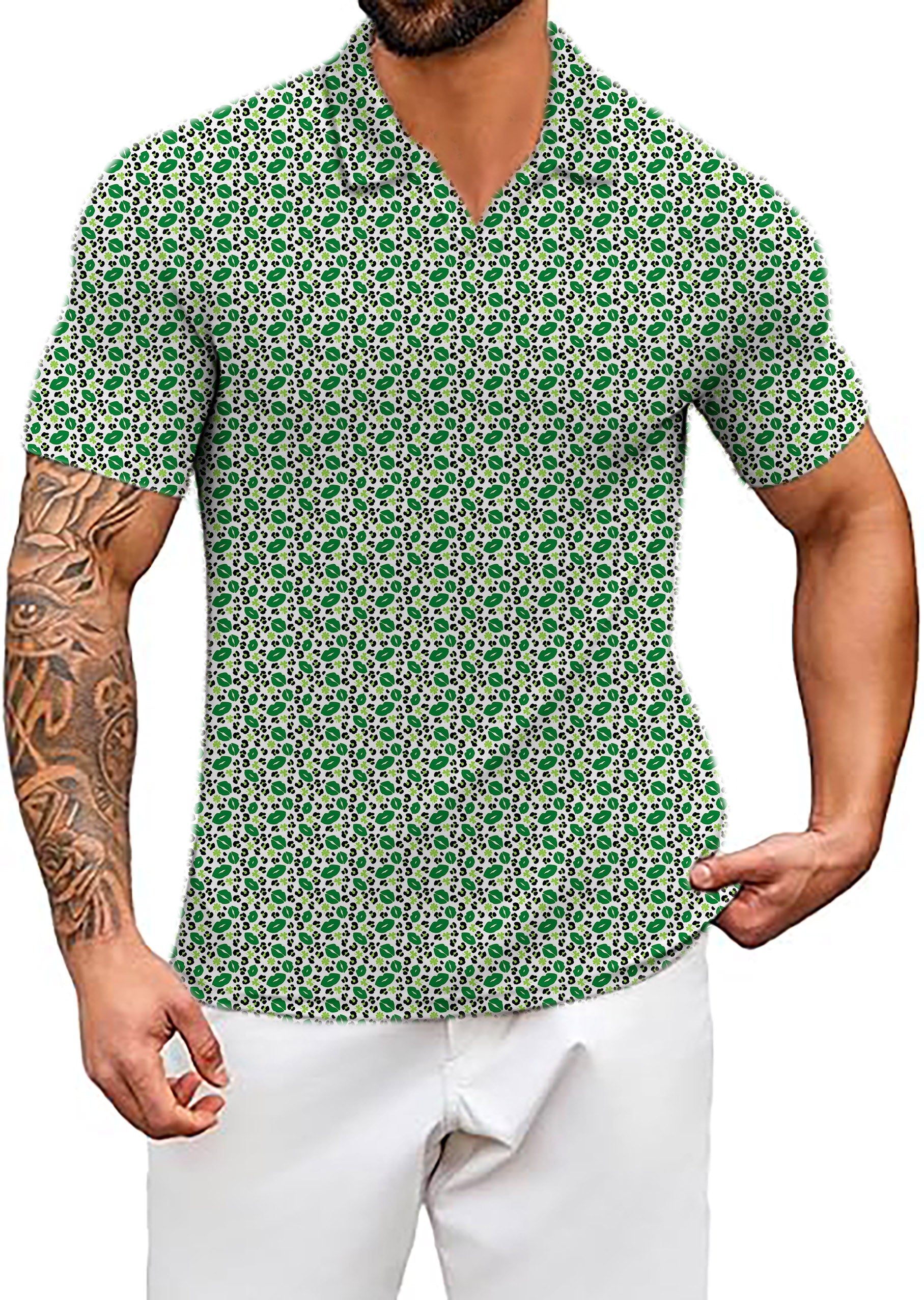 Men's Green leopard kiss St. Patrick's Day V Neck Golf Polo Shirts