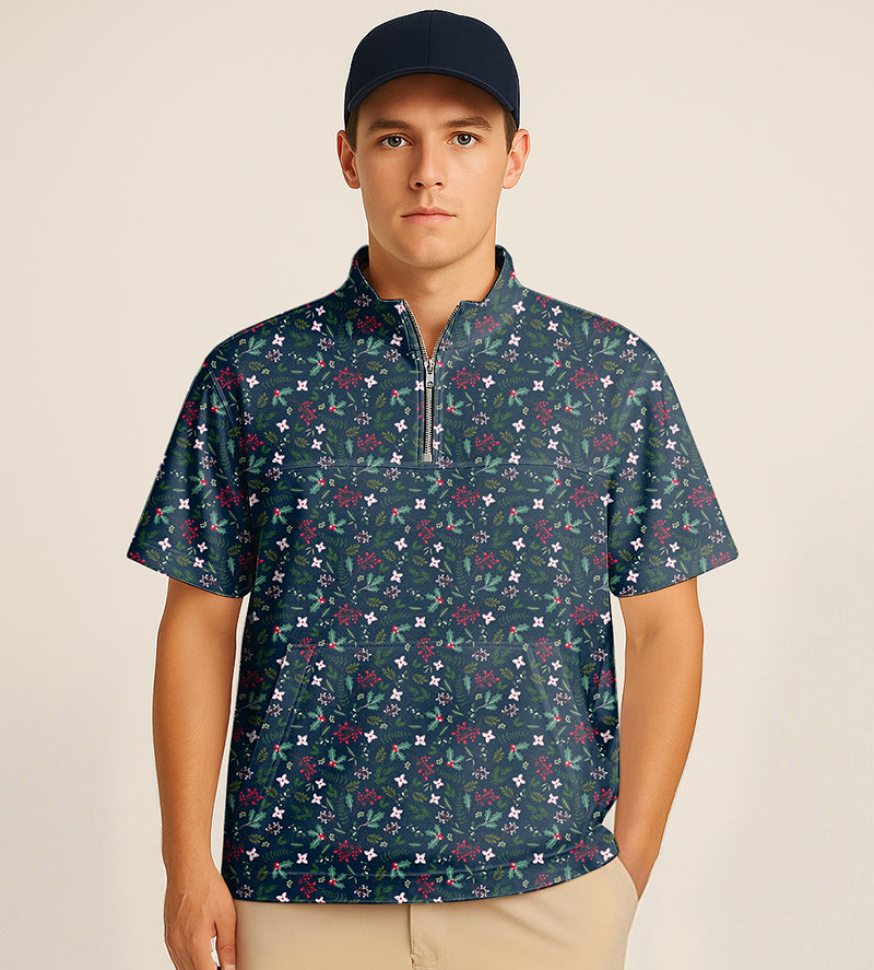 Men's half zipper turtleneck golf short shirt with Christmas holly embroidery and festive floral pattern