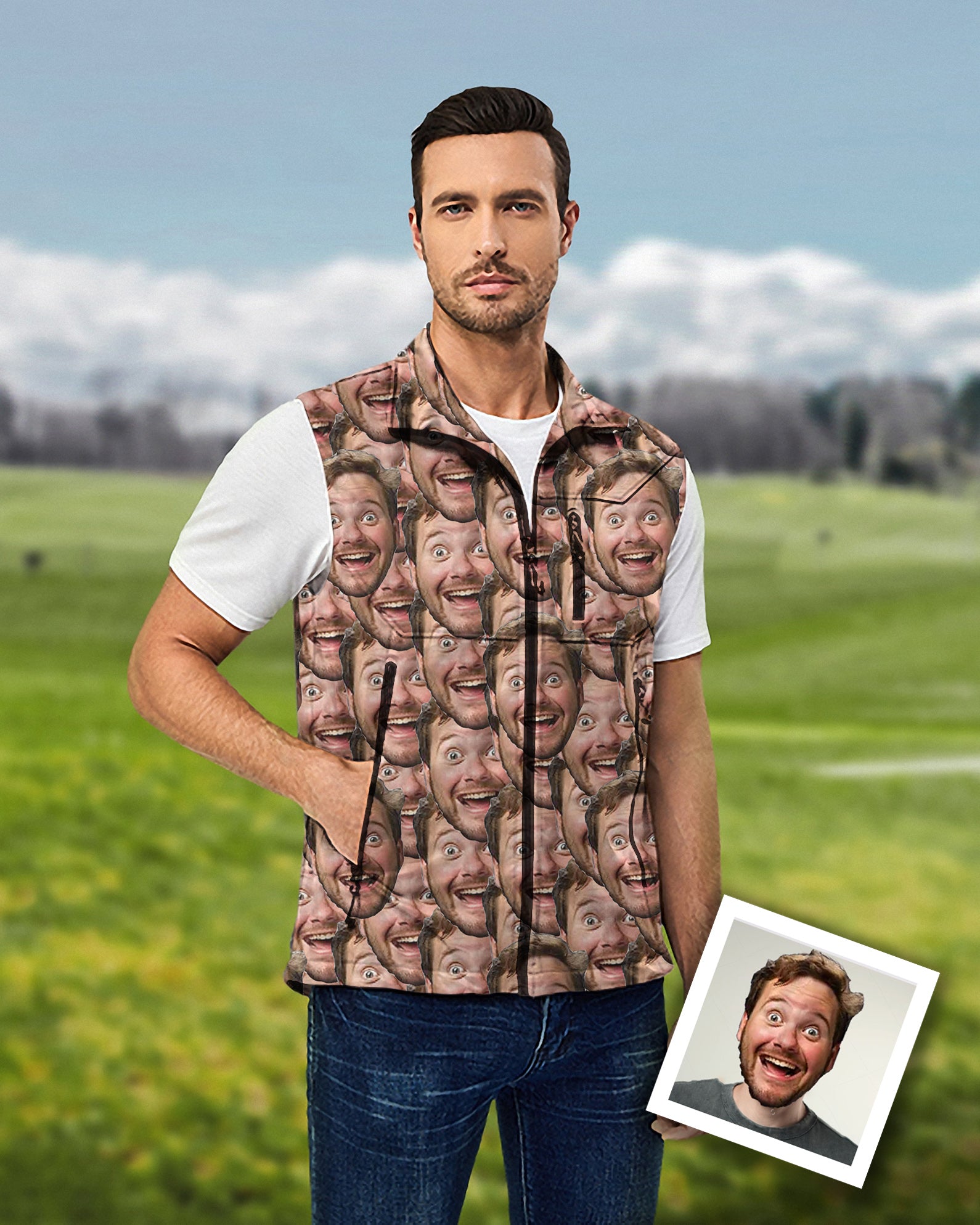 Men's Custom Photo All Faces Lightweight Softshell Vest Sleeveless Jacket for Golf Windproof Waterproof