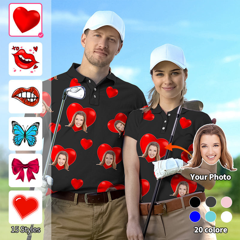 Valentine's Day custom photo golf shirts with personalized faces and heart designs for couples