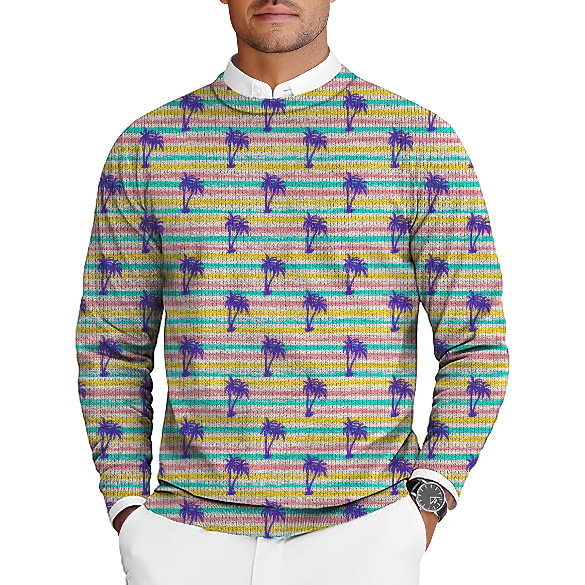 Striped Summer Palm tree Men's Golf Crewneck Pullover Sweaters Ugly Sweater