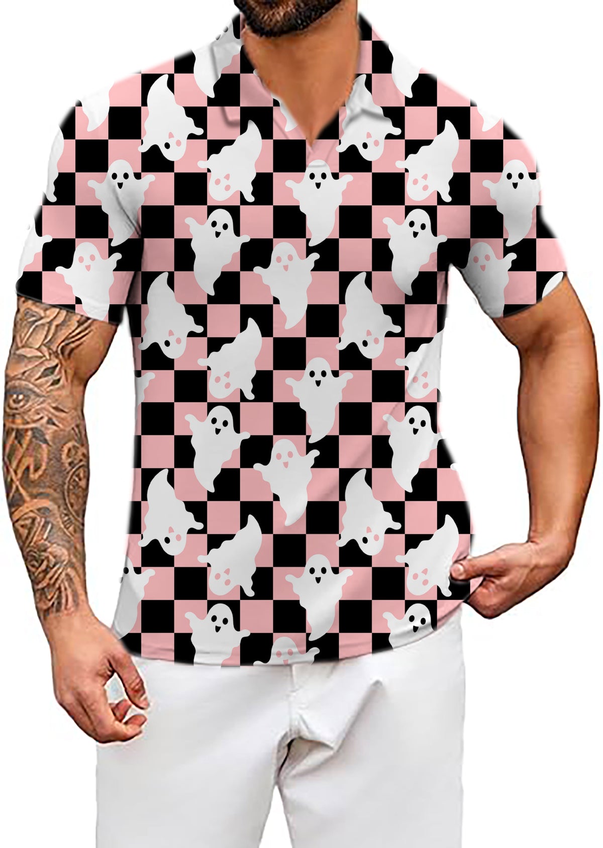 Men's Halloween Black and White Checkerboard Ghost V Neck Golf Polo Shirts