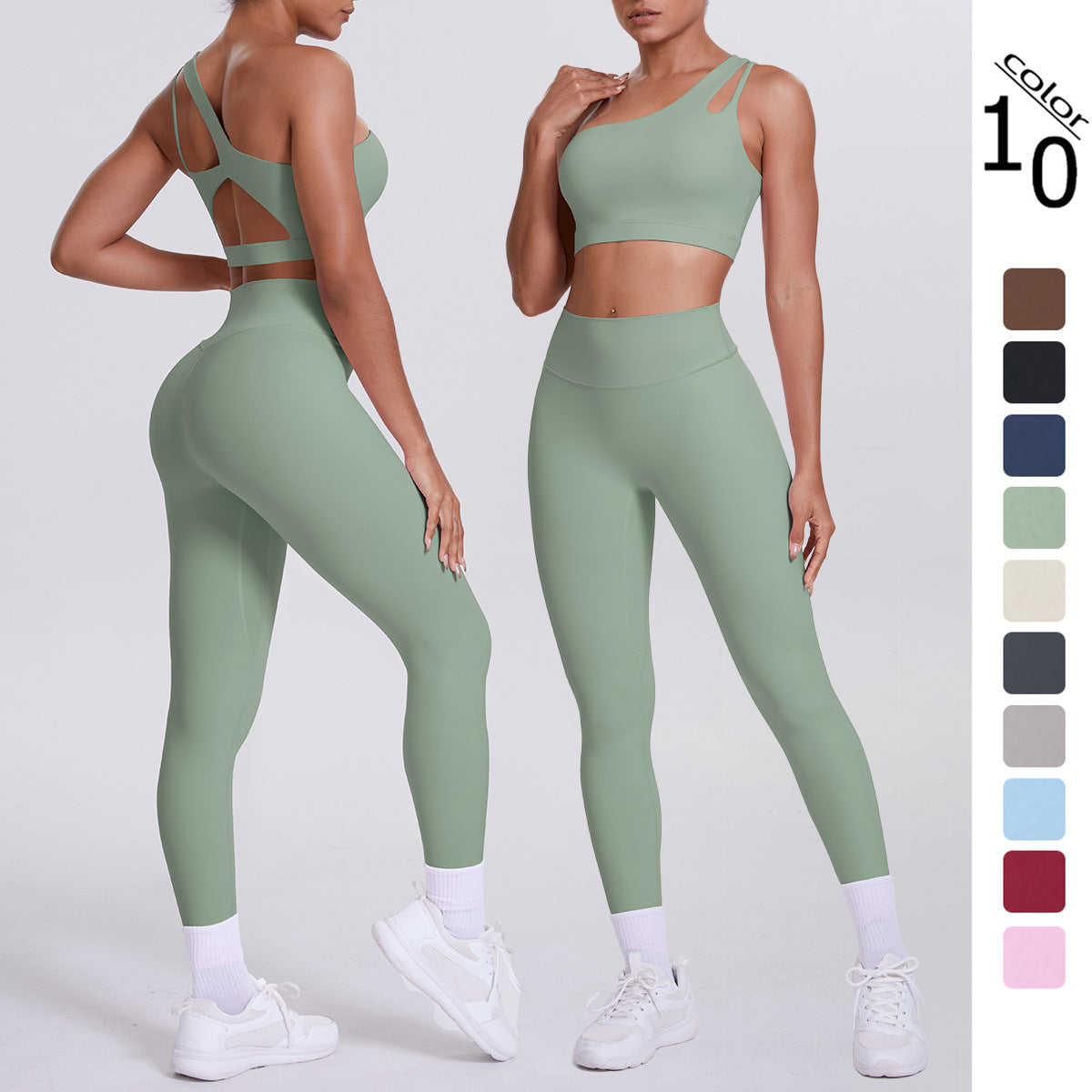 Women's One Shoulder Cutout Back Yoga Set - High Waist Scrunch Butt Leggings Sports Bra Workout Set