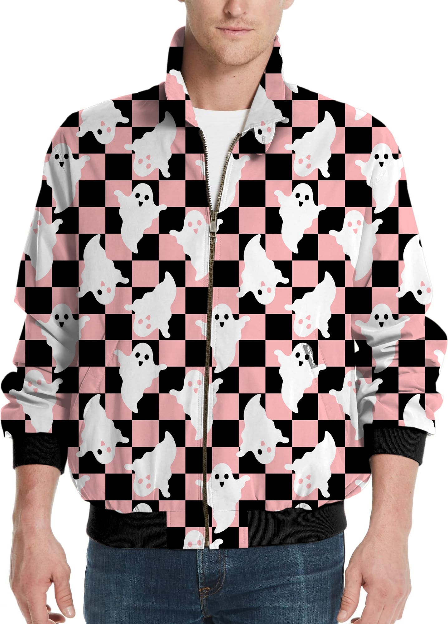 Halloween Black and White Checkerboard Ghost Men's Golf Windbreaker Light Jacket