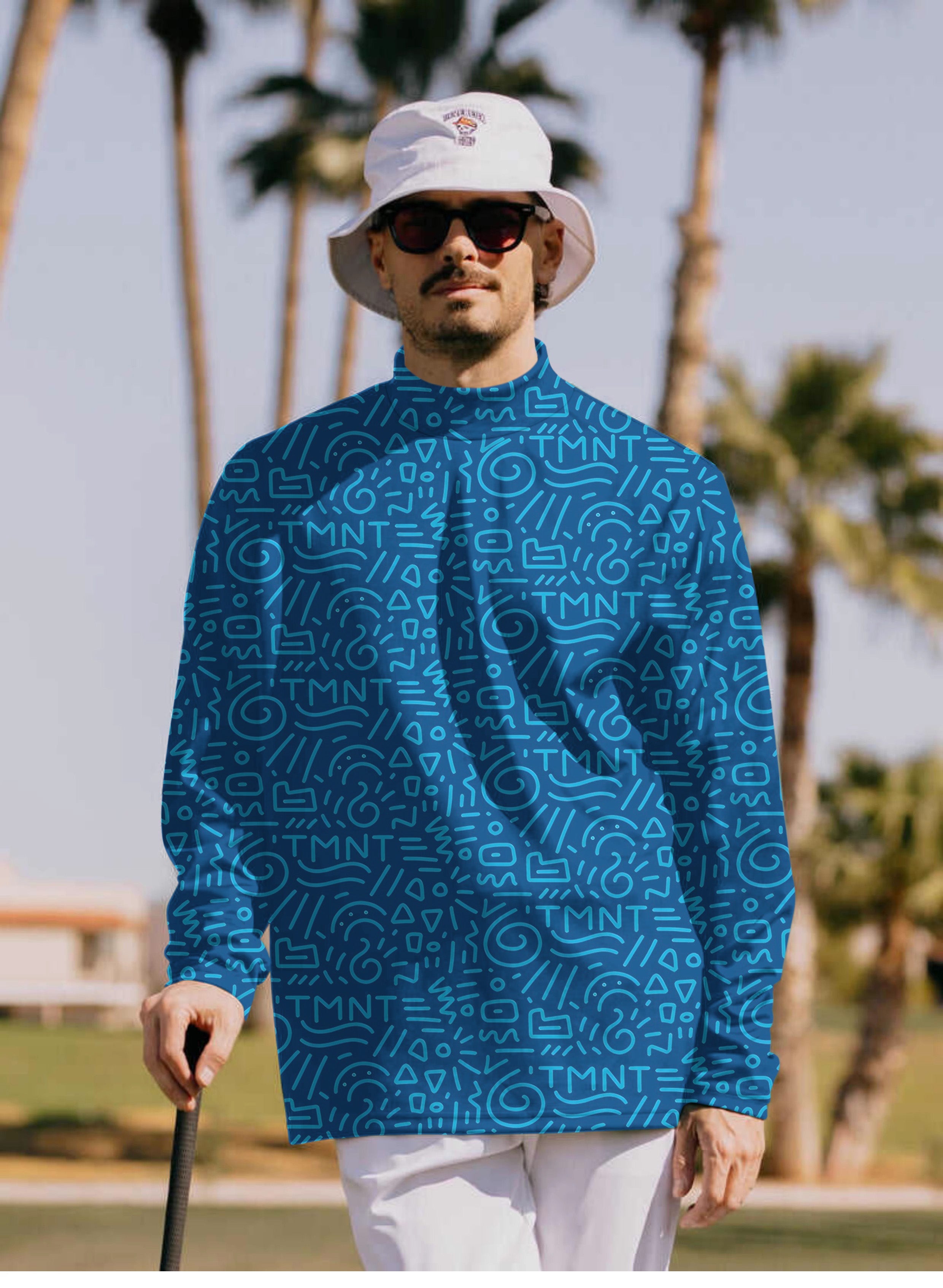 Men's Blue Doodle Pullover High neck Long/Short sleeve T-Shirt