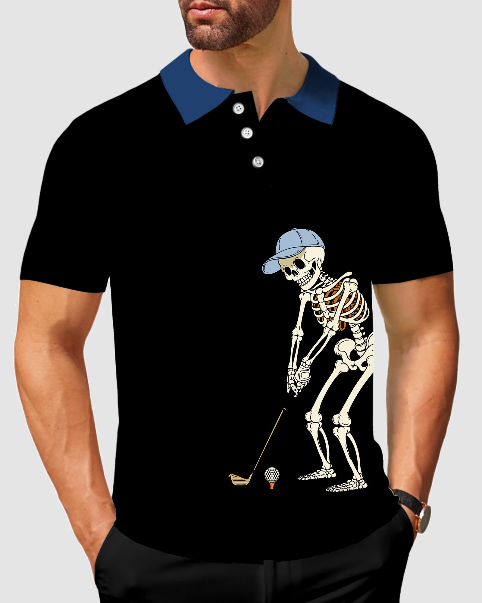 Men's Blue Royal Black Halloween Skeleton Golf Polo