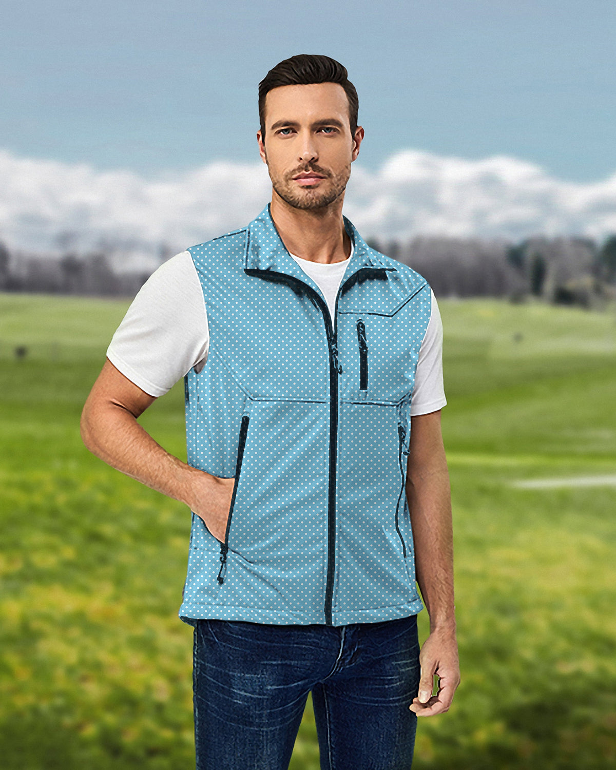 Men's white polka dots blue background Lightweight Softshell Vest Sleeveless Jacket for Golf Windproof Waterproof