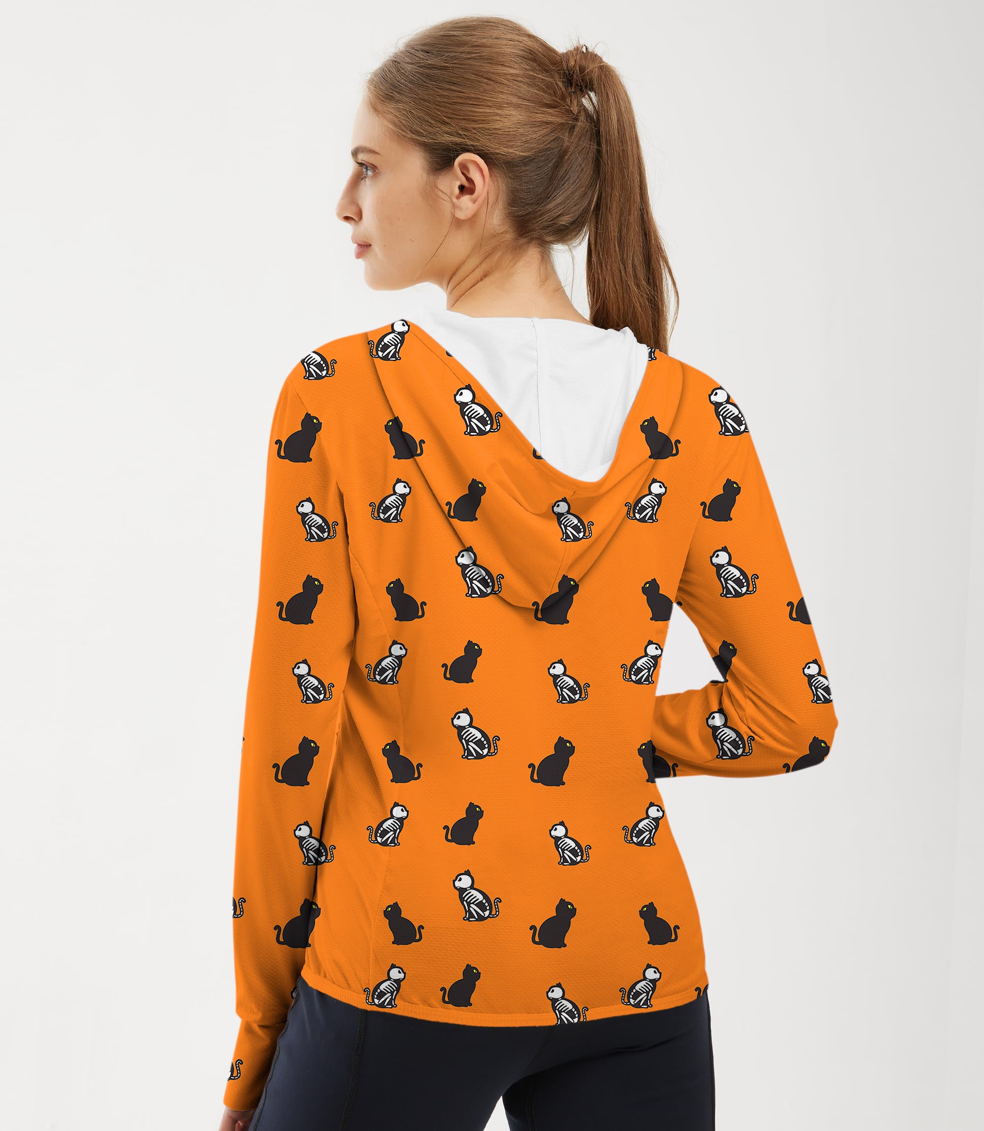 Women's Outdoor Halloween Skull Cat Custom The Background Color Golf Sun Protection Slim Fit zip hoodies