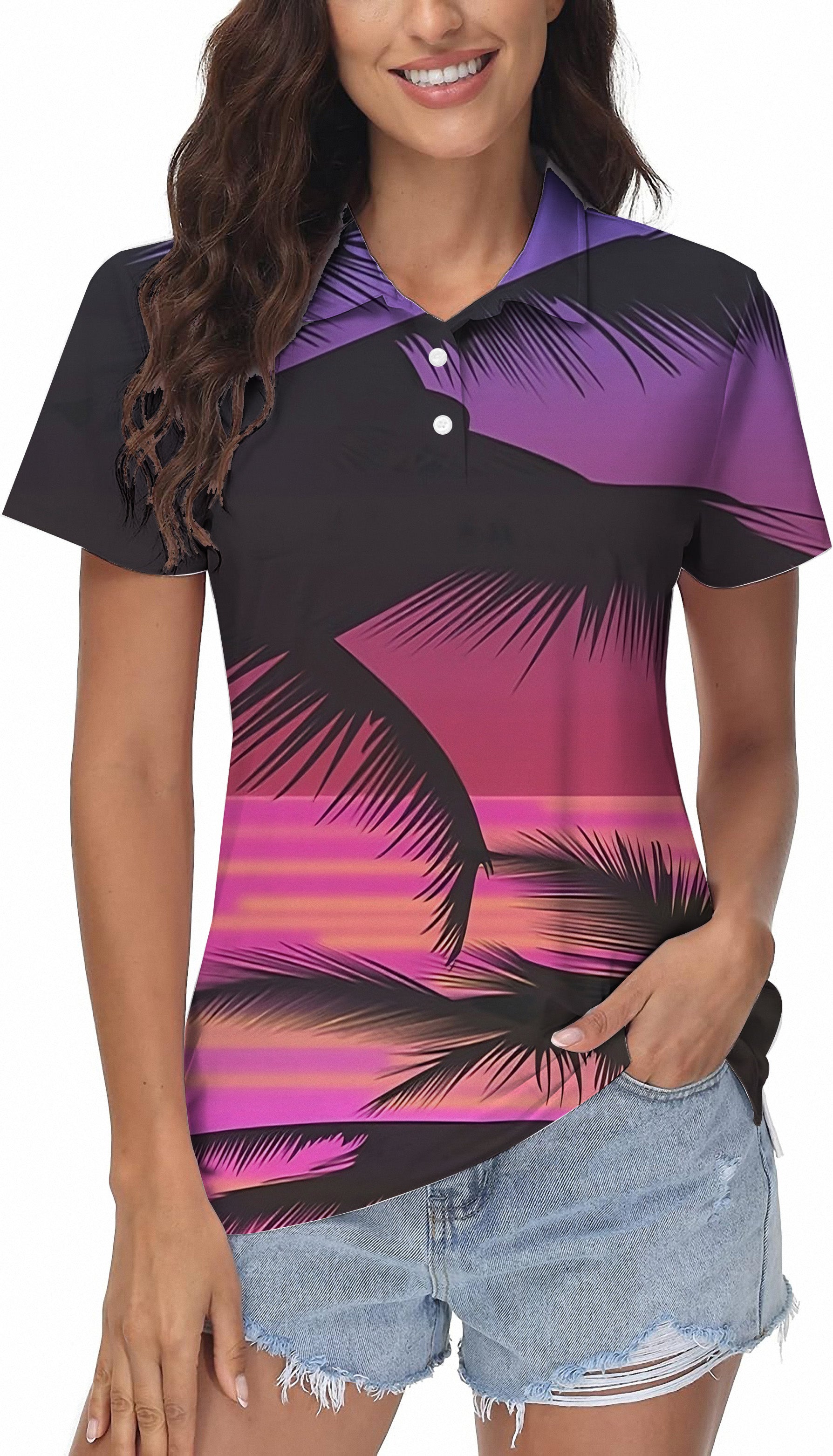 Red Sunset Palm Tree Women's Golf Polo