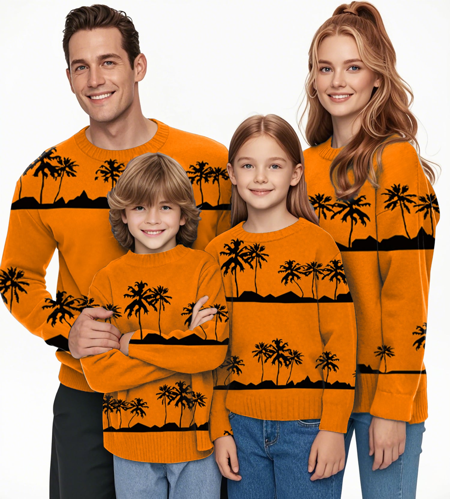 Setting sun and coconut trees Crewneck Pullover Ugly Sweater Men Women boy girl family