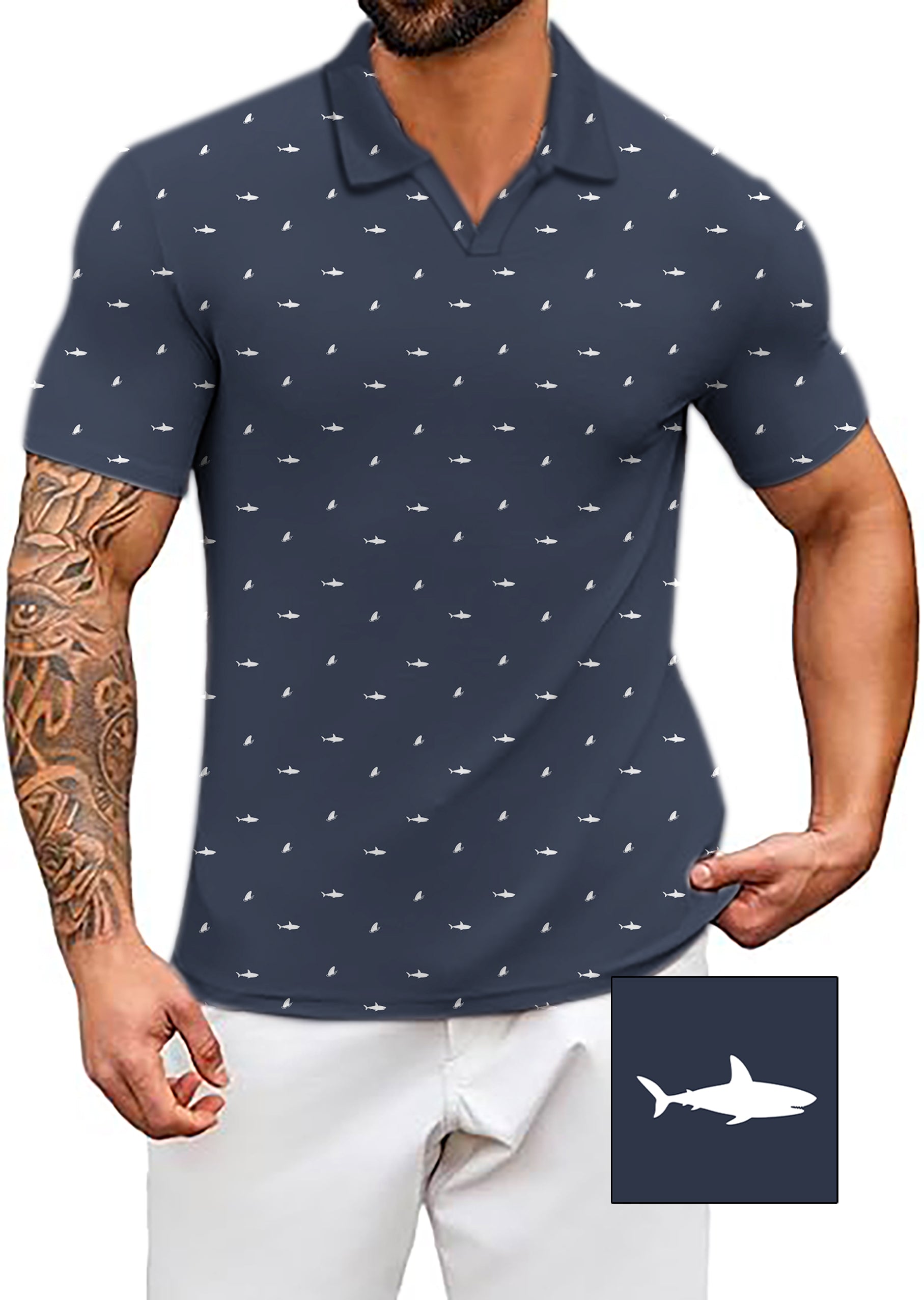 Men's Coconut Palm White Shark and Fin Custom The Background Color V Neck Golf Polo Shirts