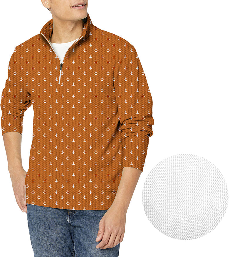 Orange Anchor Men's Golf waffle zipper pullover with anchor pattern