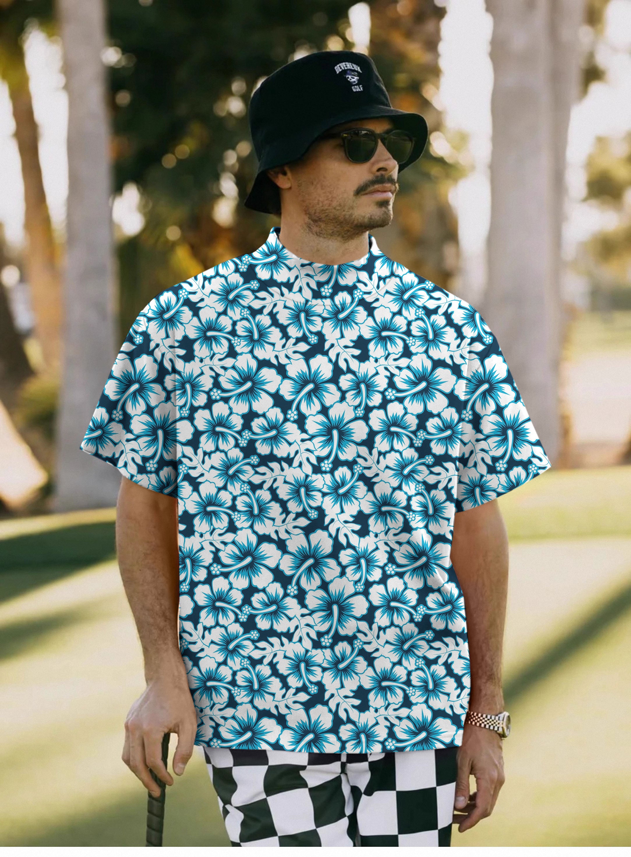 Men's Hawaiian Hibiscus Pullover High neck Long/Short sleeve T-Shirt