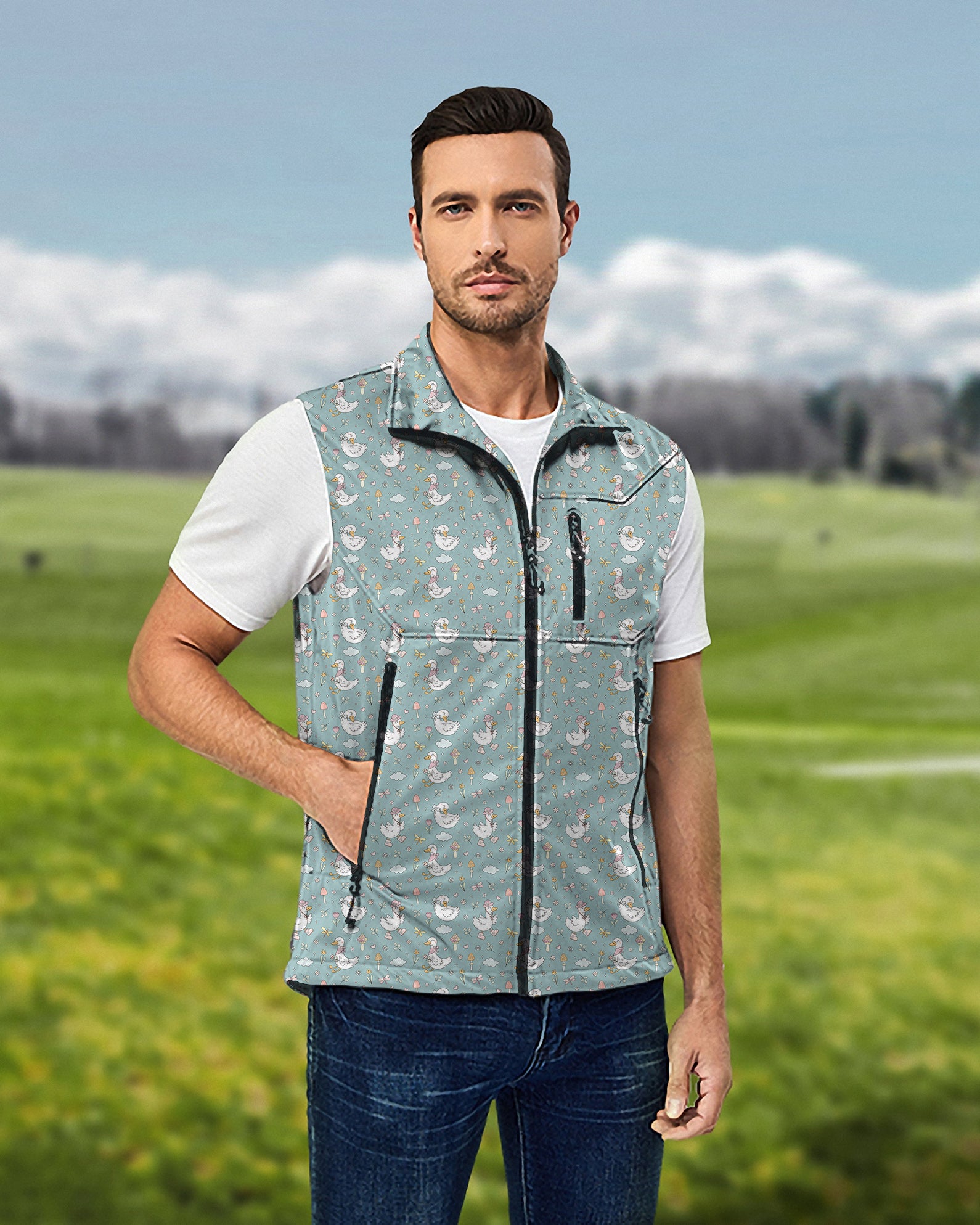 Men's Cute Duck Floral Lightweight Softshell Vest Sleeveless Jacket for Golf Windproof Waterproof