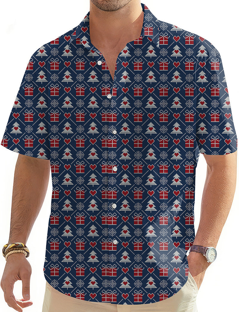 Men's Christmas gift Hawaiian shirt with festive gift and tree pattern, button-down short sleeve golf shirt