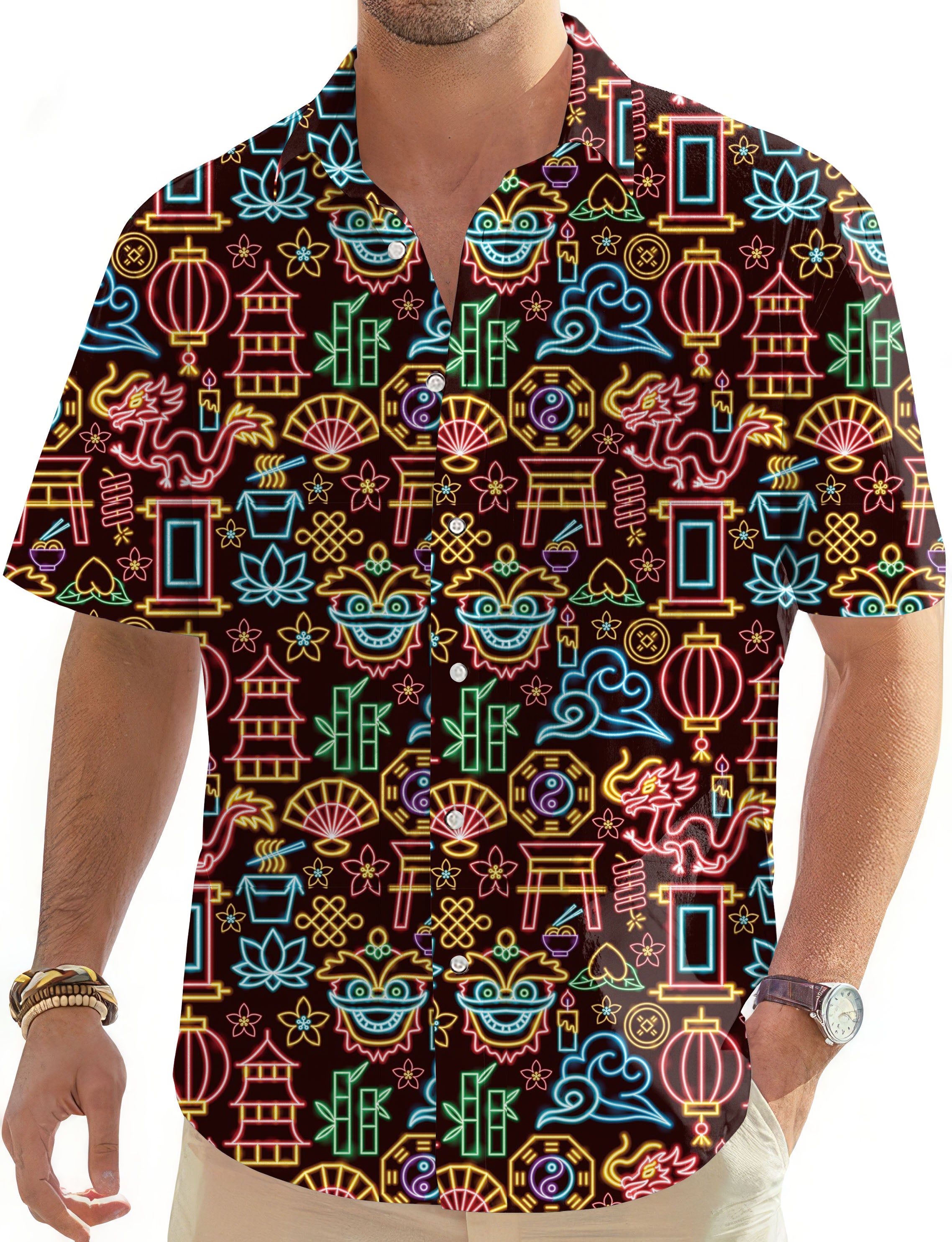 Neon Chinese New Year-Men's Golf Hawaiian Shirts Button Down Shirt