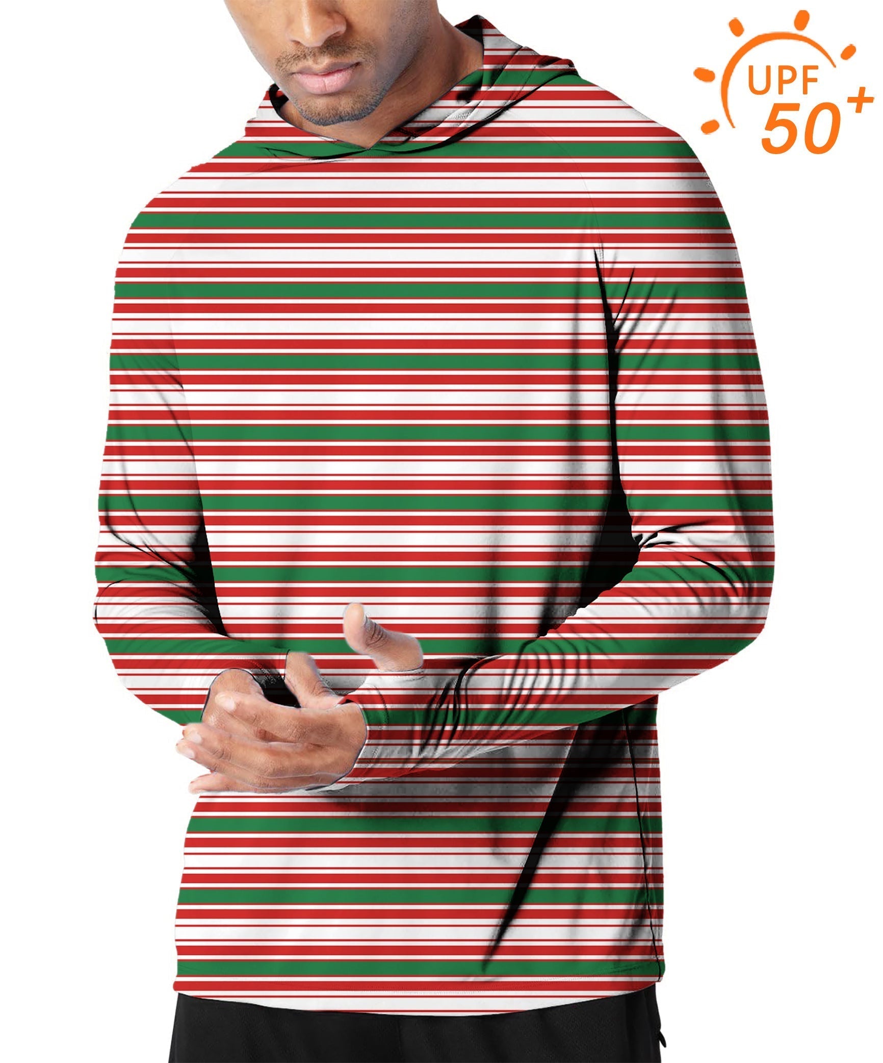 Men's outdoor hoodie with red, green, and white stripes, slim fit, UPF 50+ sun protection, and thumb holes for outdoor activities