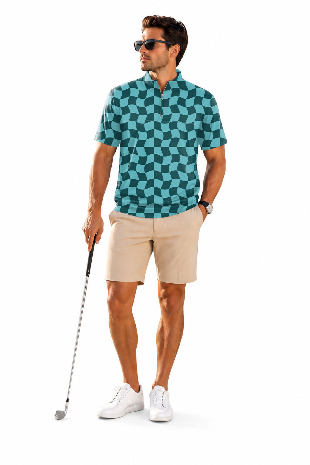 Men's Short Sleeve Quarter Zip Golf Pullover   Wavy SquareTanjirou Embroidery