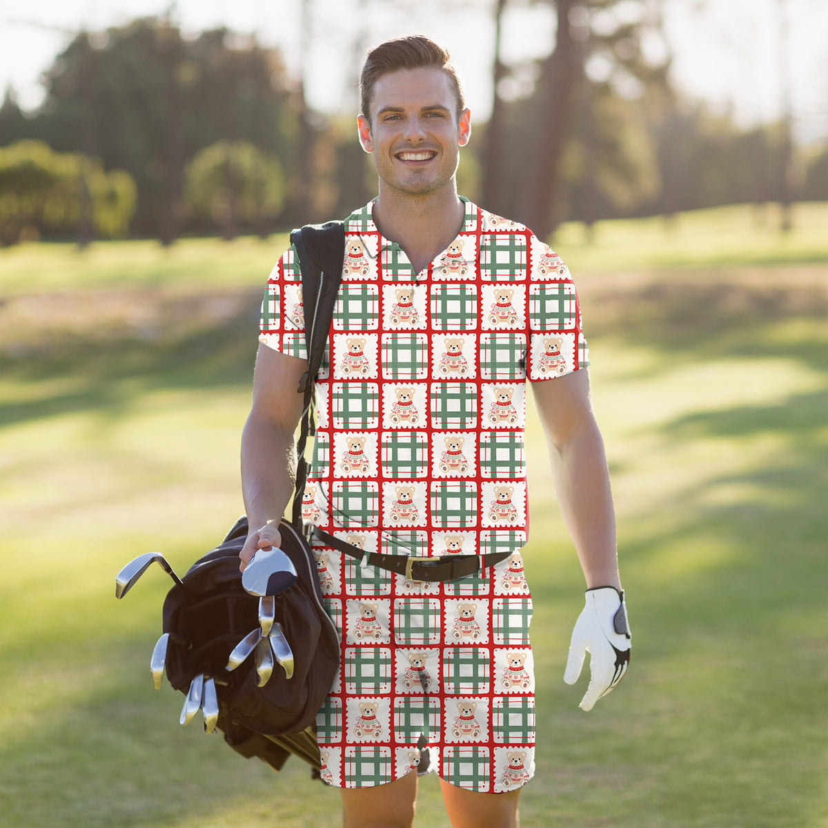 Men's Golf Set Polo+Shorts Cute Christmas Teddy Bear