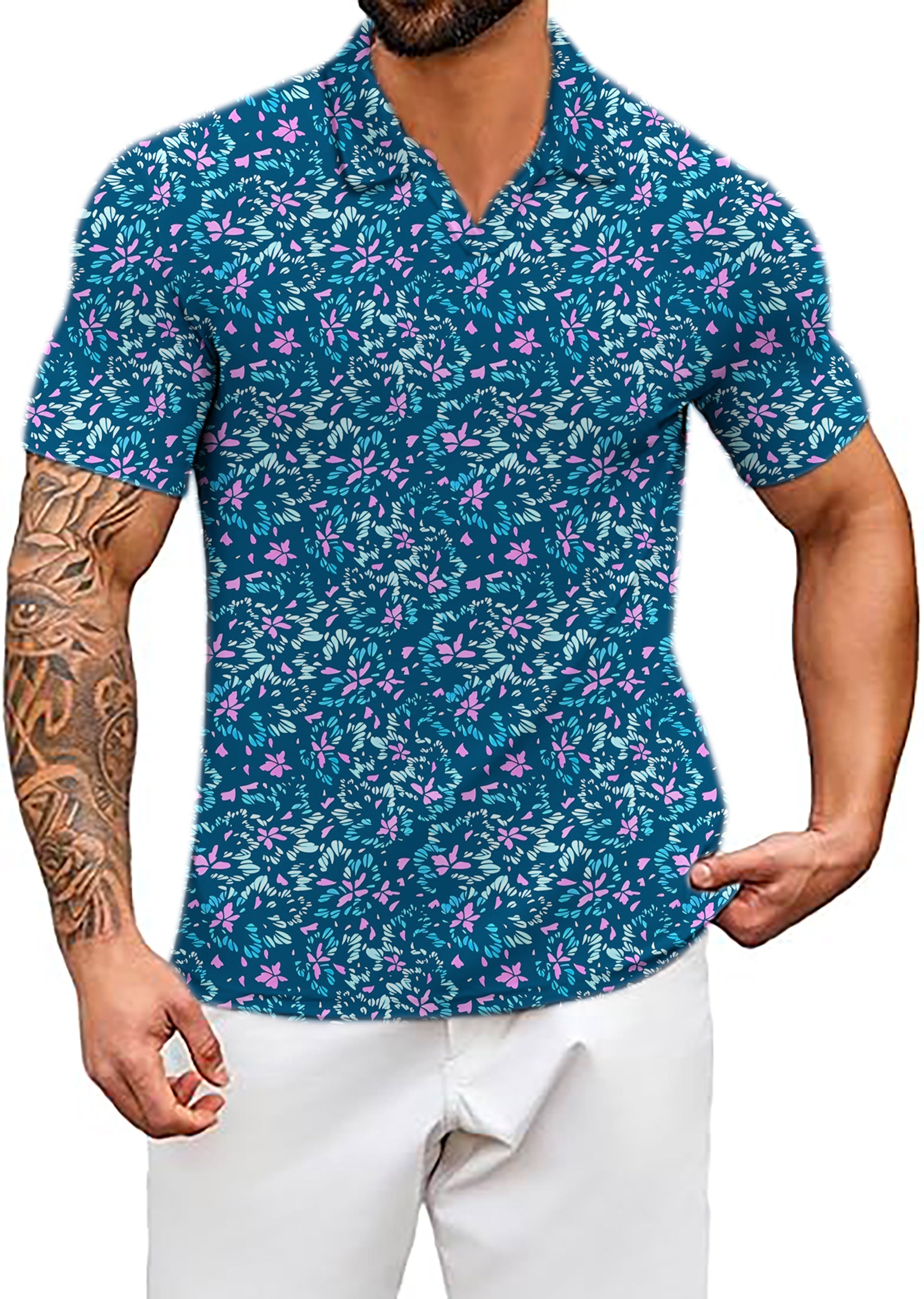 Men's Blooming Blue V Neck Golf Polo Shirts