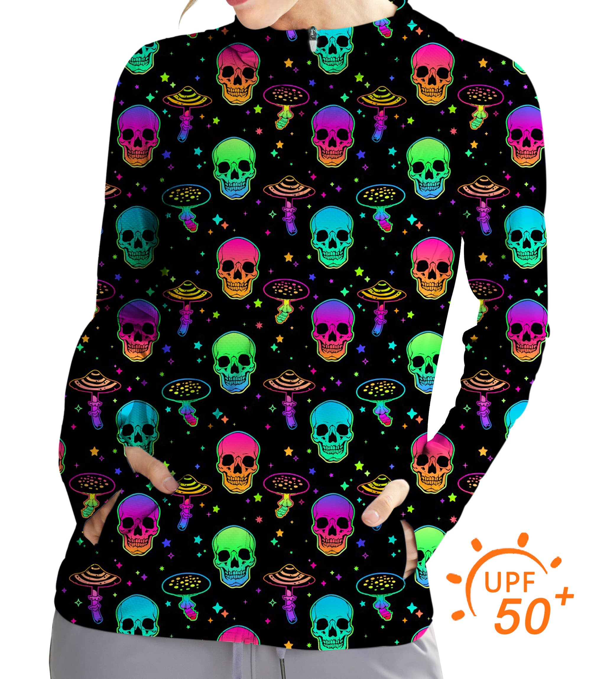 Women's Outdoor Neon Mushroom Skeleton Golf Sun Protection Slim Fit zip hoodies