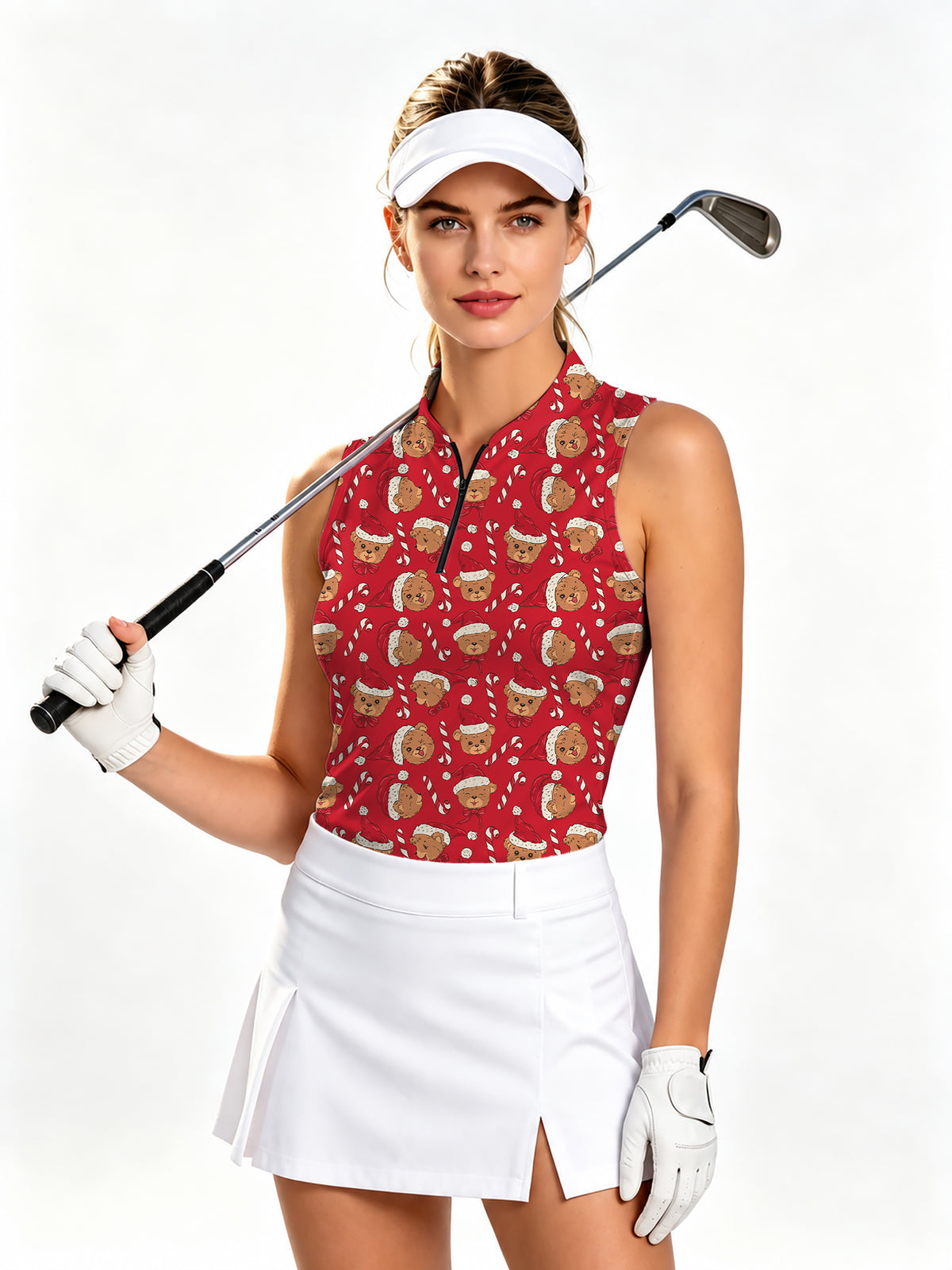 Red Christmas Teddy Bear Women's Quarter Zip Mock Neck Sleeveless Golf Athletic Blouse