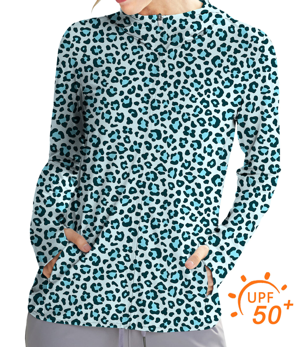 Women's Outdoor Blue leopard print Golf Sun Protection Slim Fit zip hoodies