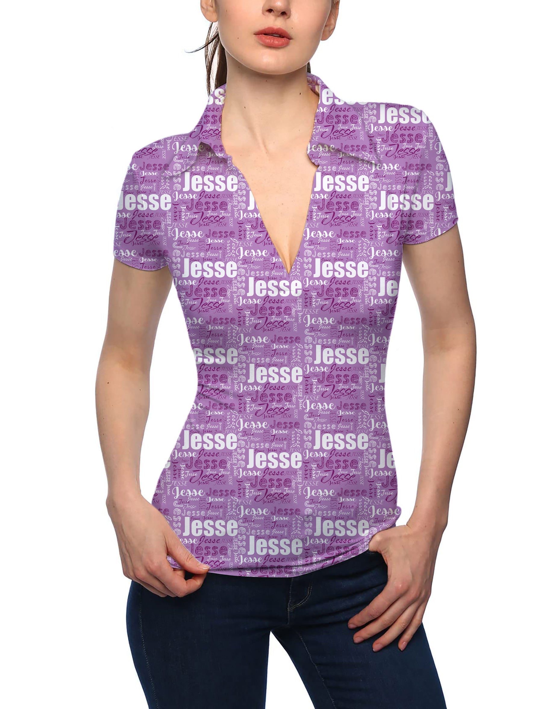 Women's Custom name amethyst V Neck Golf Polo