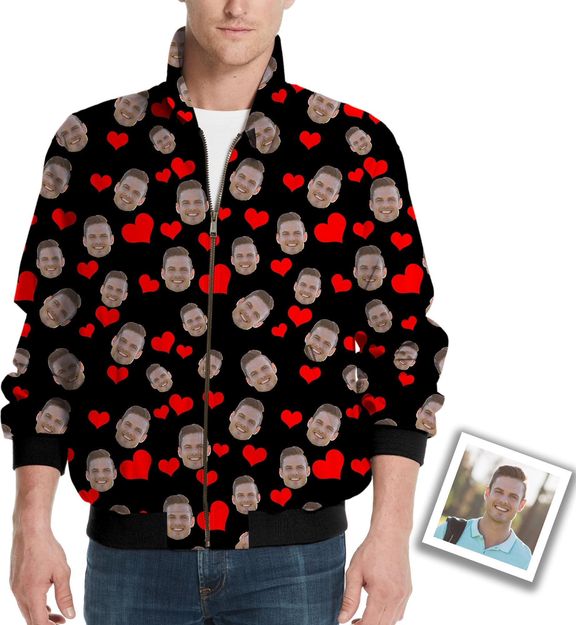 Custom red heart photo men's golf windbreaker jacket with funny face pattern