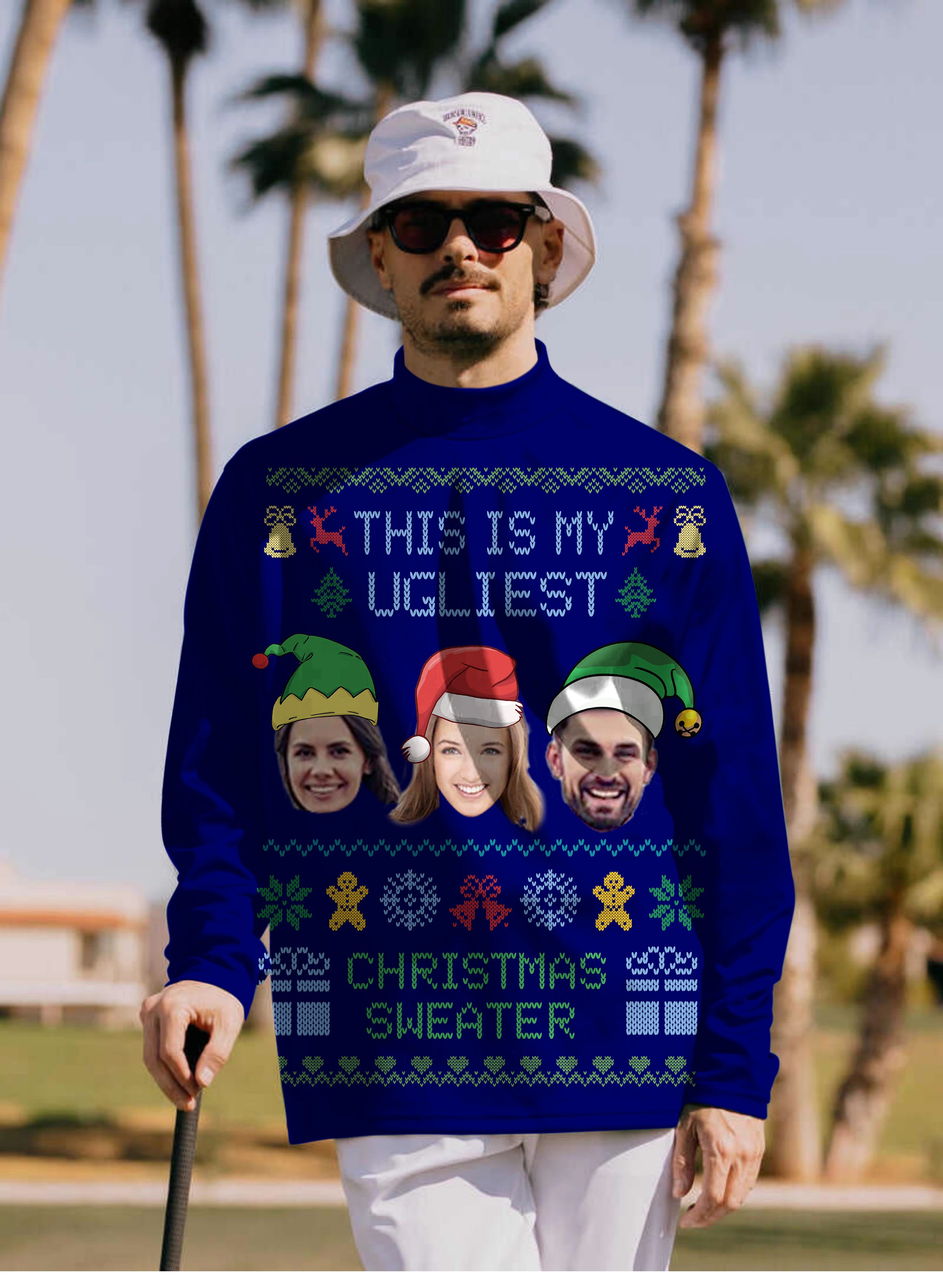 Men's Navy-Christmas Custom face Pullover High neck Long/Short sleeve T-Shirt