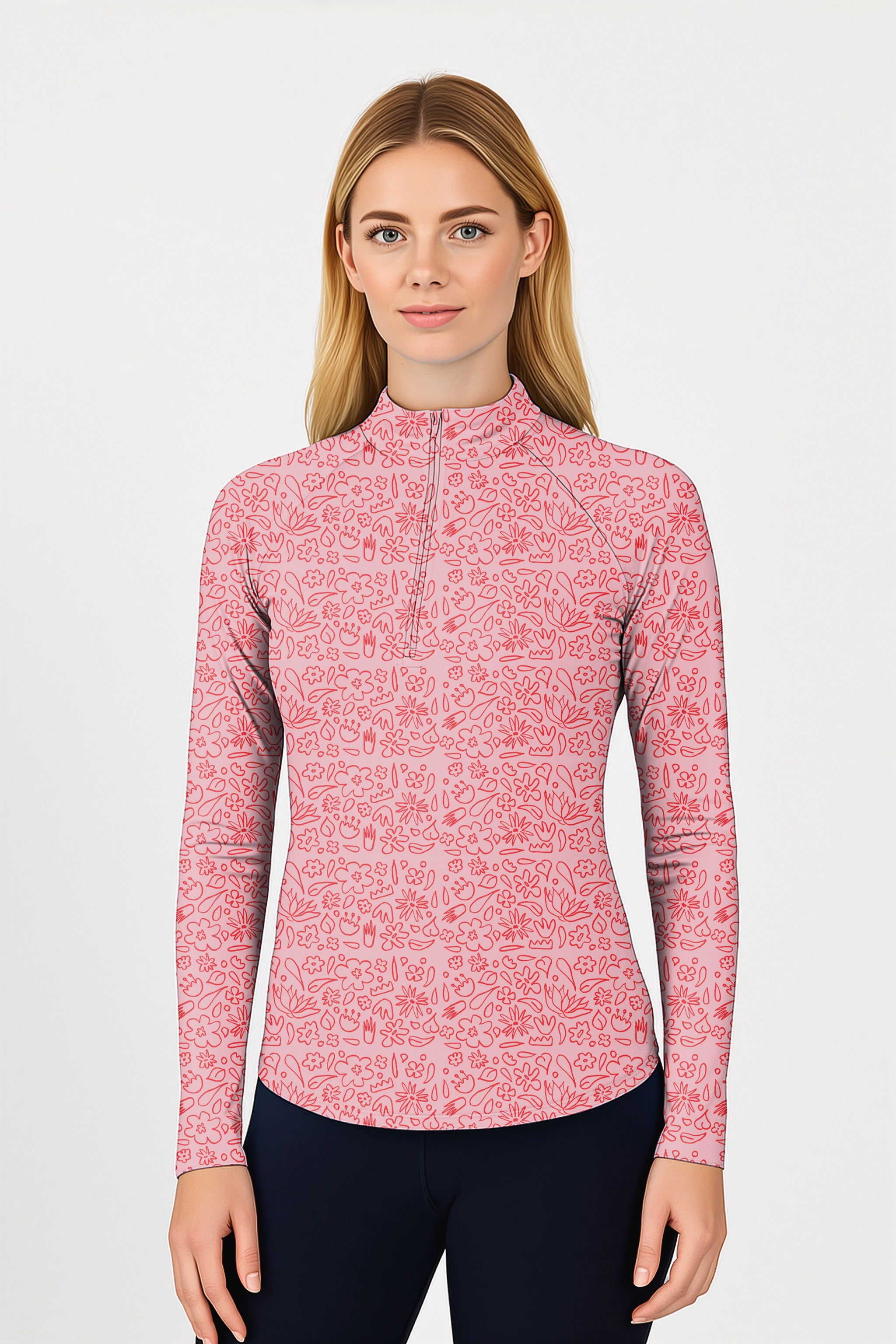 Simple Pink Flower Drawing Women's Golf Active 3/4 Zip Top