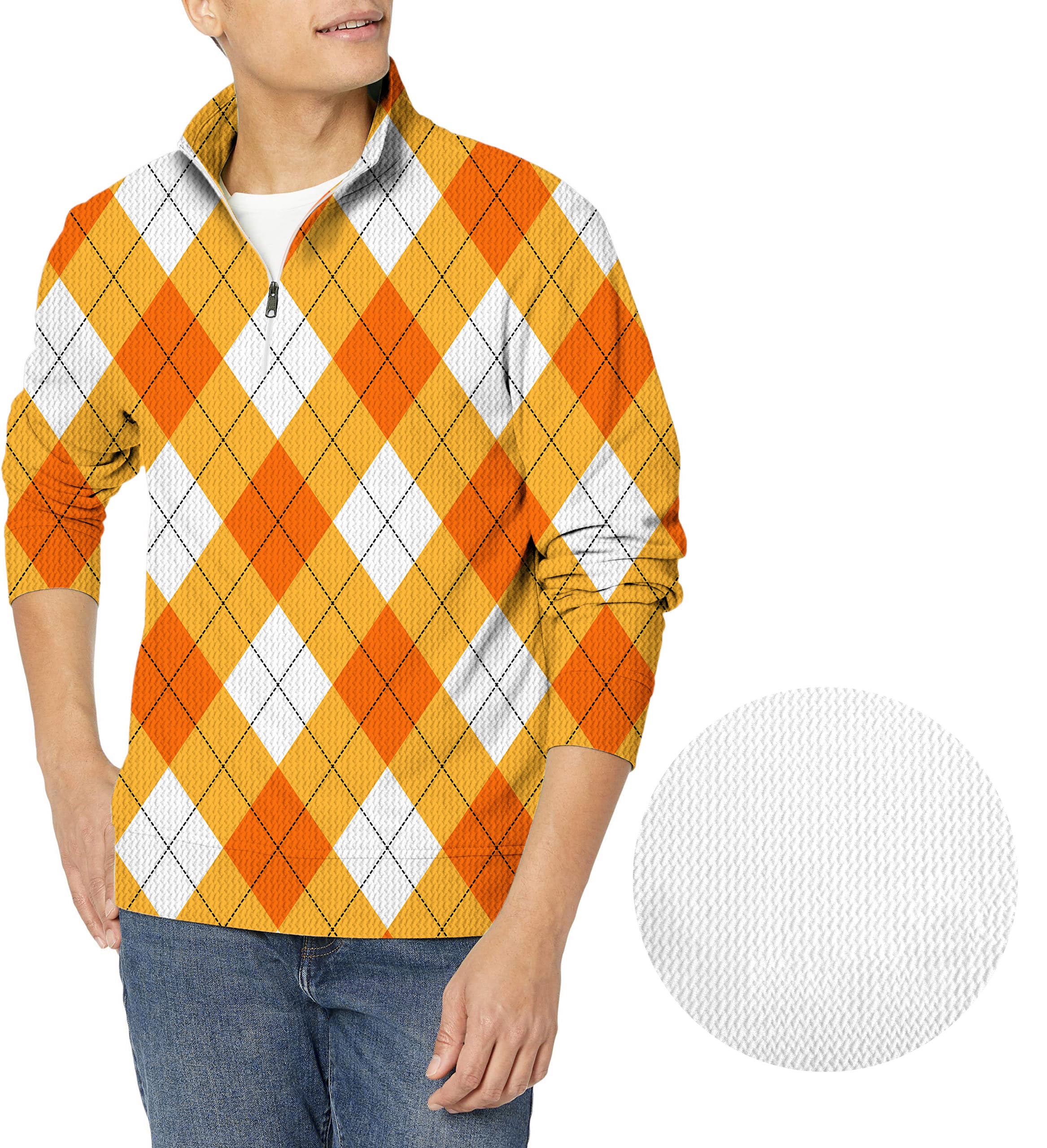Halloween Cross Orange White Argyle Men's Golf Waffle Zipper Pullover