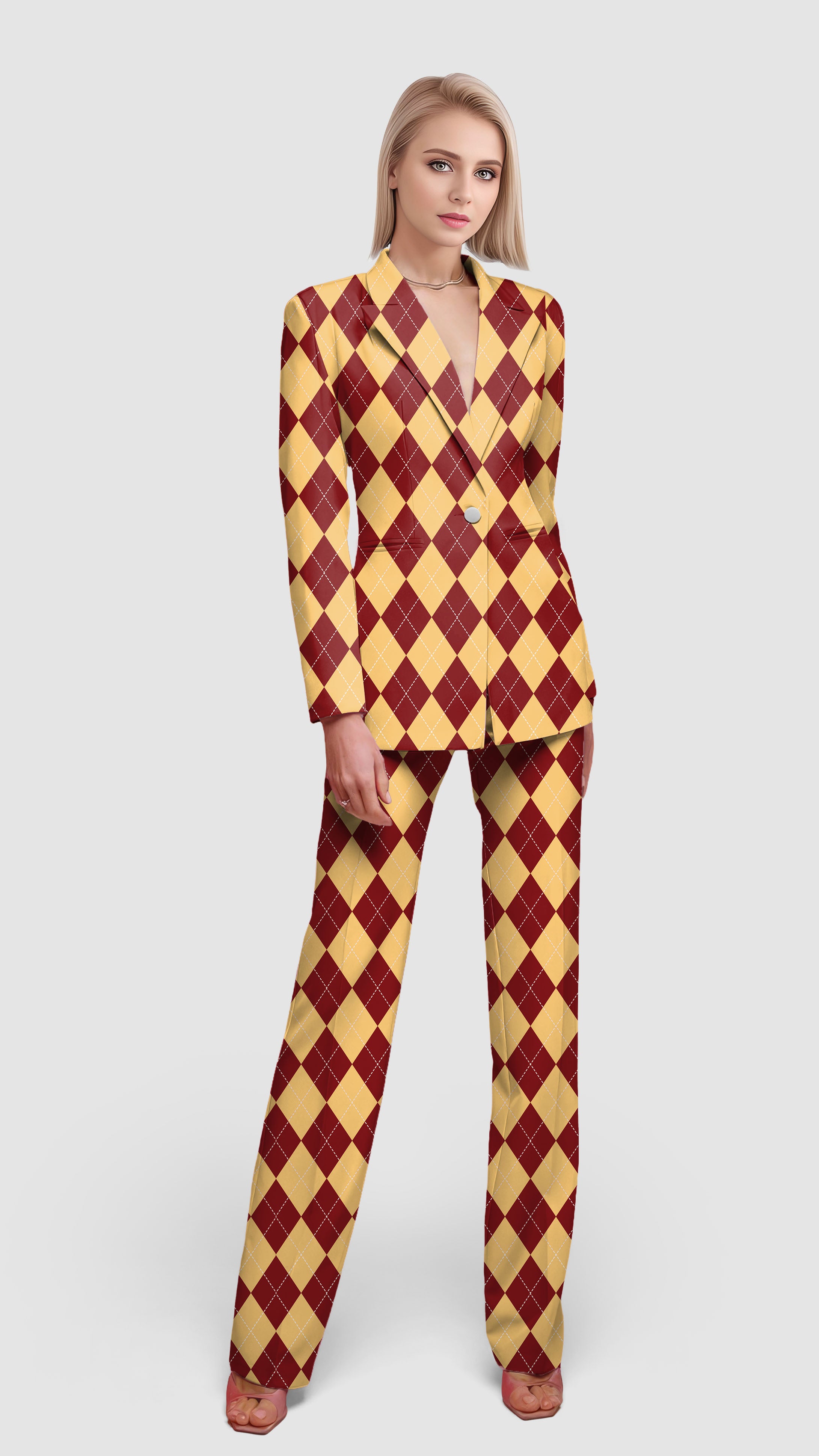 yellow red Argyle-Women's Blazer Casual Work Office Blazer Suit set