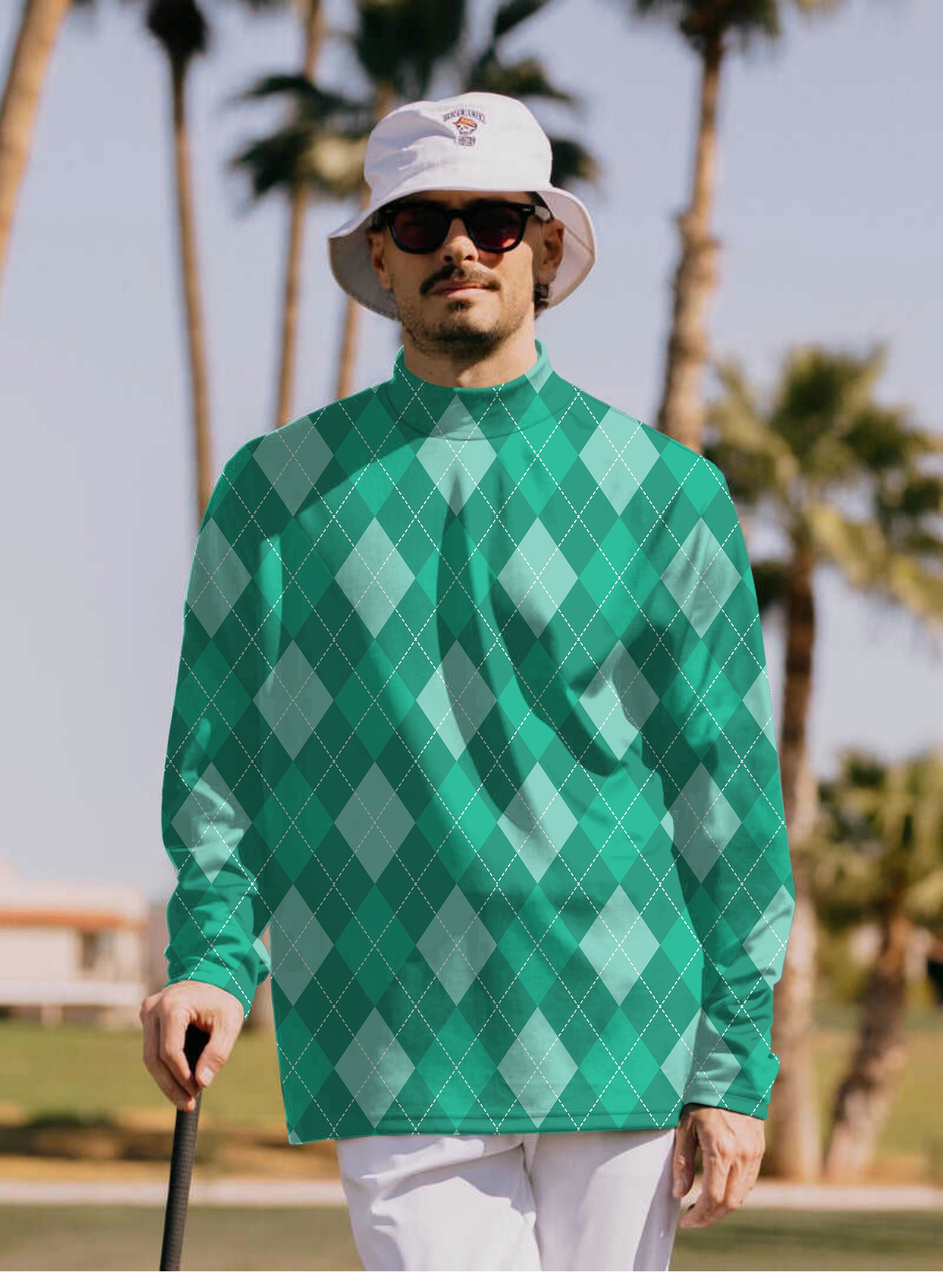 Men's Green Argyle Pullover High neck Long/Short sleeve T-Shirt