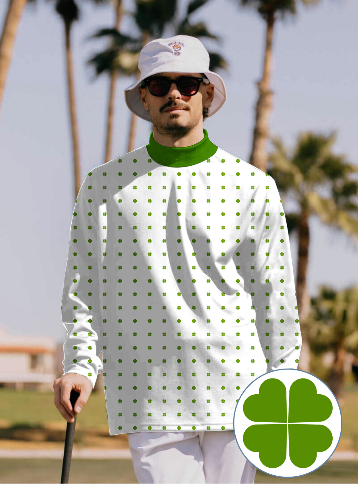 Men's Lucky Four-Leaf Clover Mock Neck Long/Short Sleeve Golf Tops