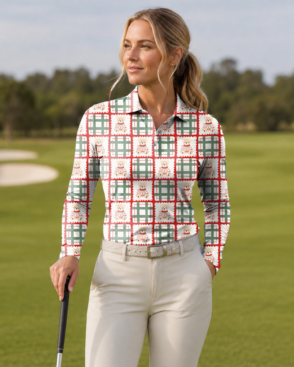 Cute Christmas Teddy Bear Women's Long-Sleeved Golf Polo