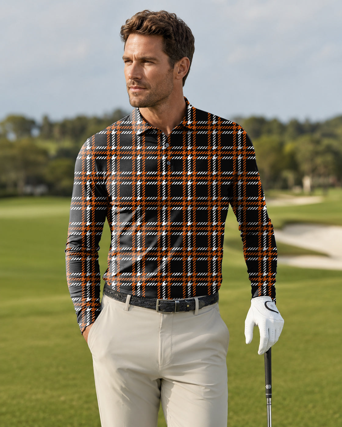 Men's Halloween black yellow white grid Long-sleeved Polo