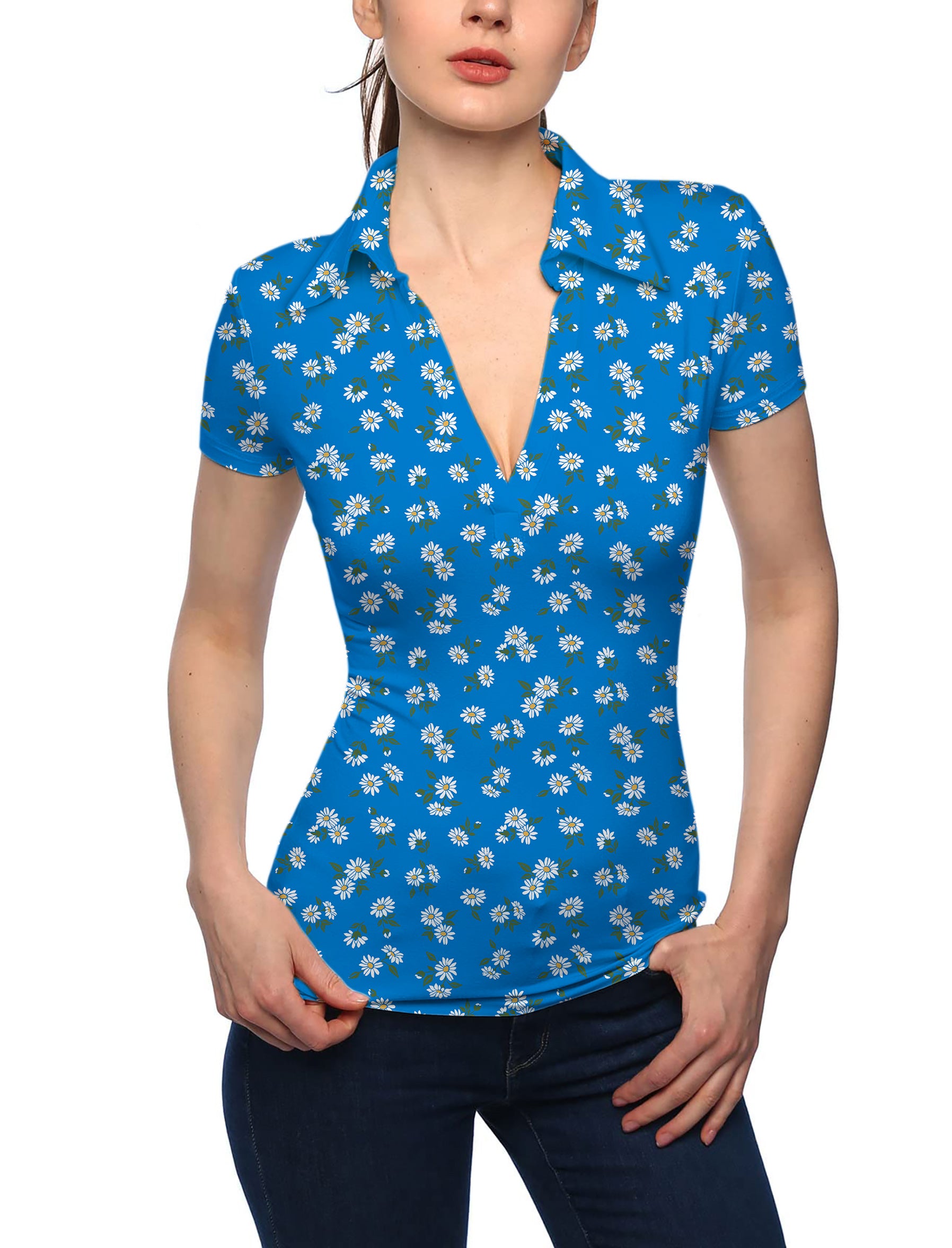 Women's Blue Daisy V Neck Golf Polo