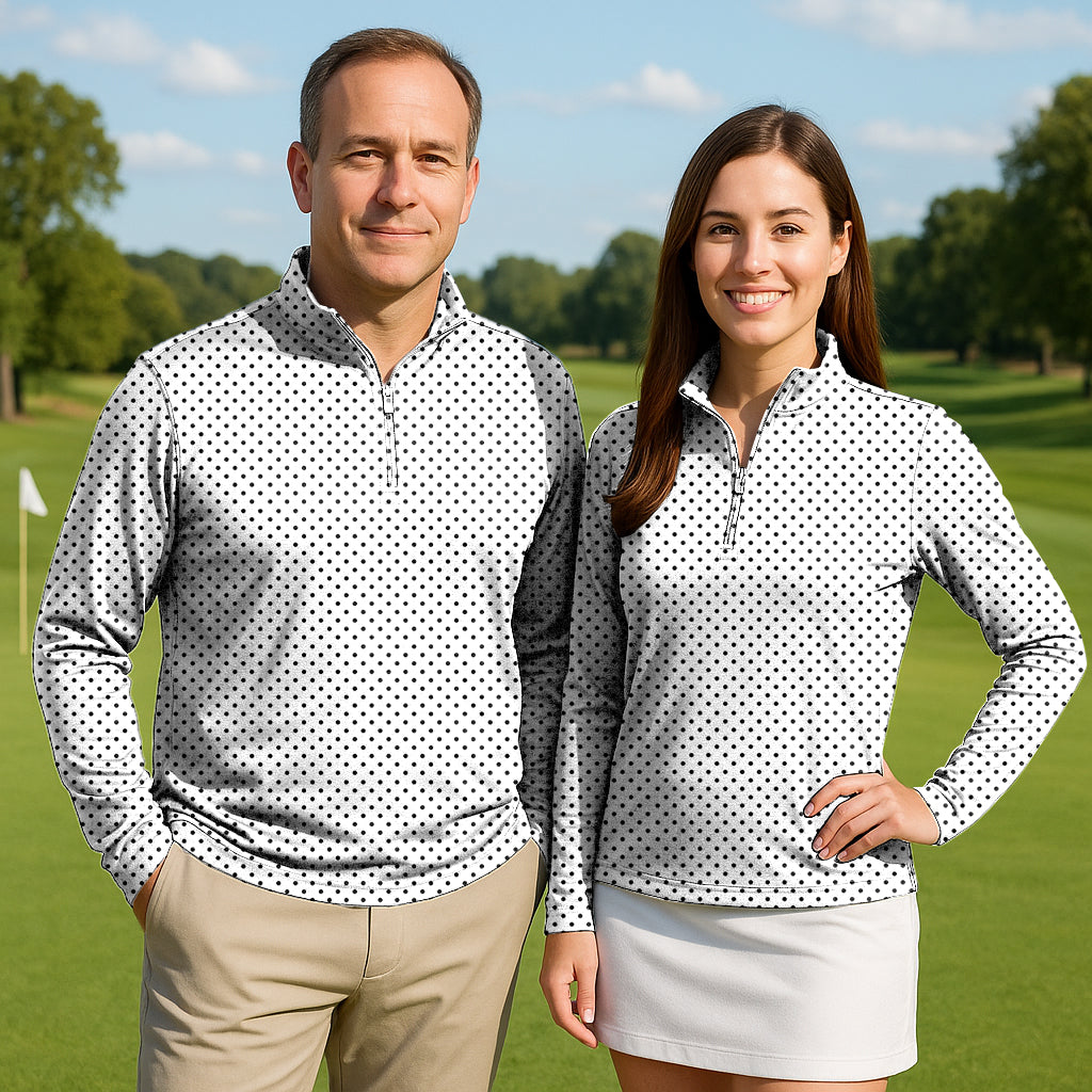Black polka dots white background Couple Golf Active 3/4 Zipper Top Long Sleeves