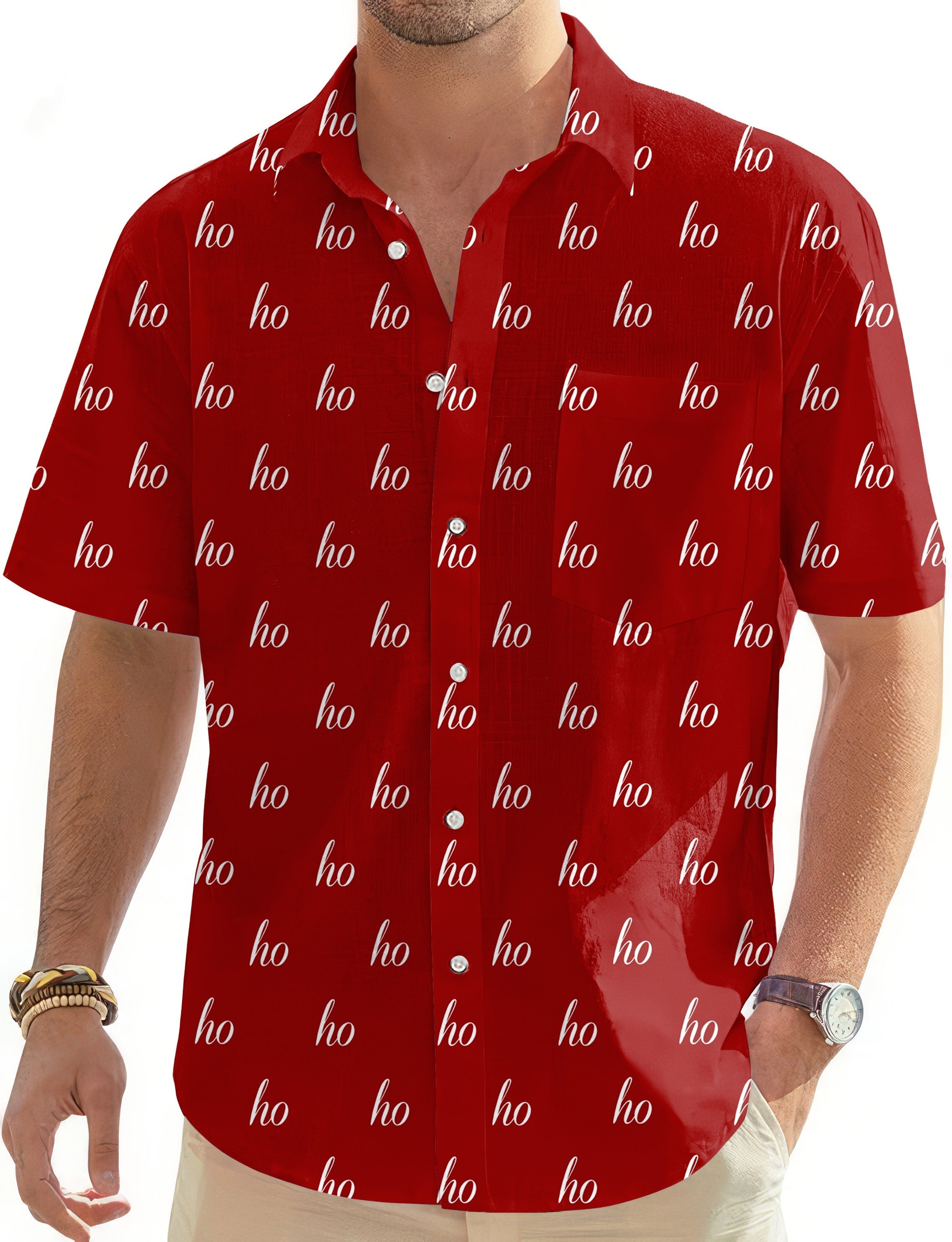 Red custom name men's Christmas golf Hawaiian button-down shirt with "ho" print