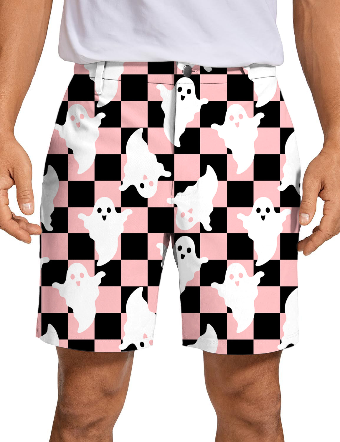 Men's Halloween Black and White Checkerboard Ghost Golf Shorts