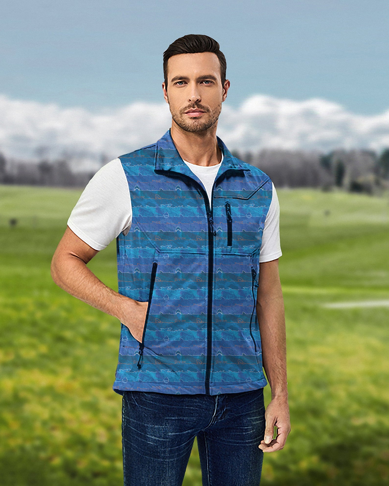 Men's shark Lightweight Softshell Vest Sleeveless Jacket for Golf