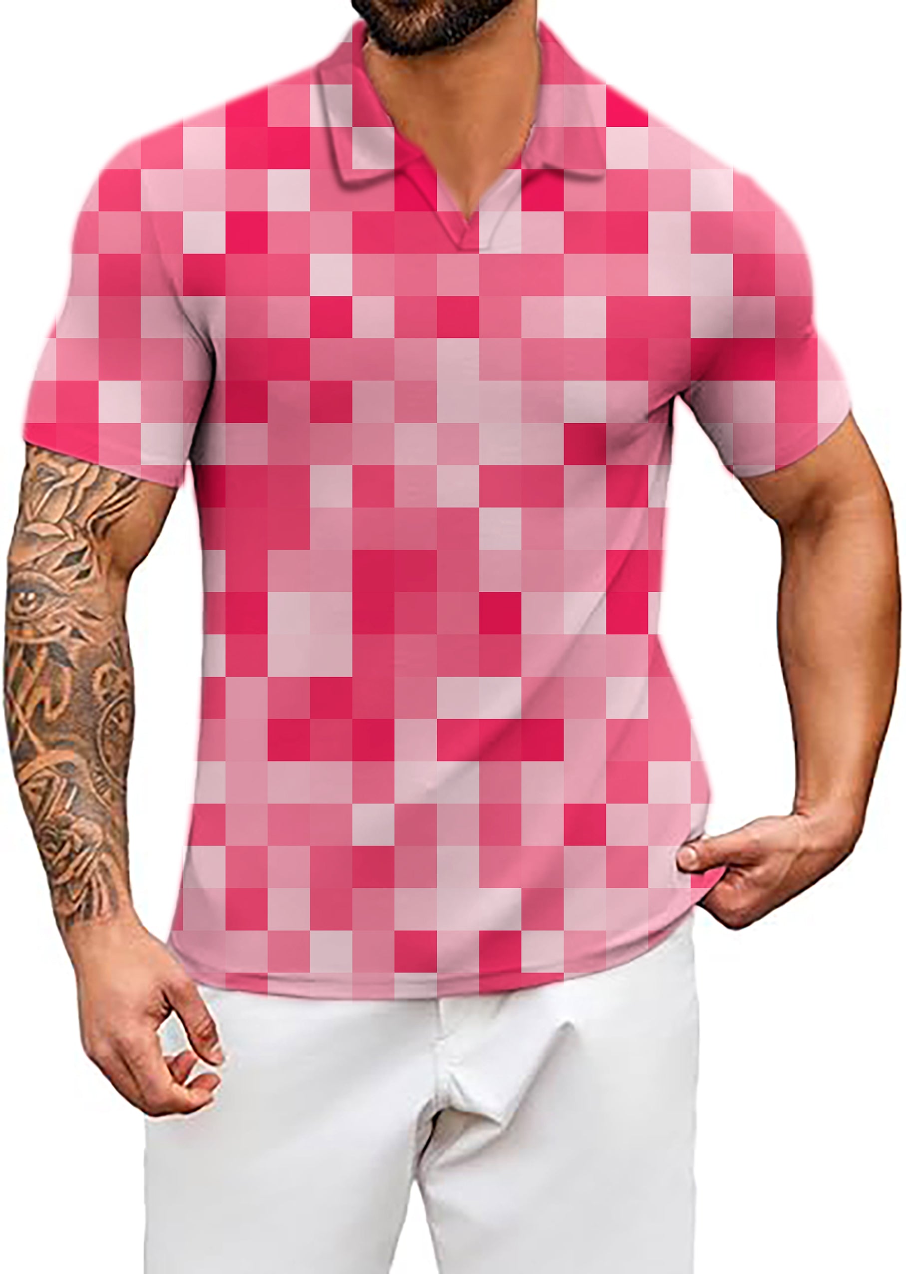 Men's Light Red Pixel Big V Neck Golf Polo Shirts
