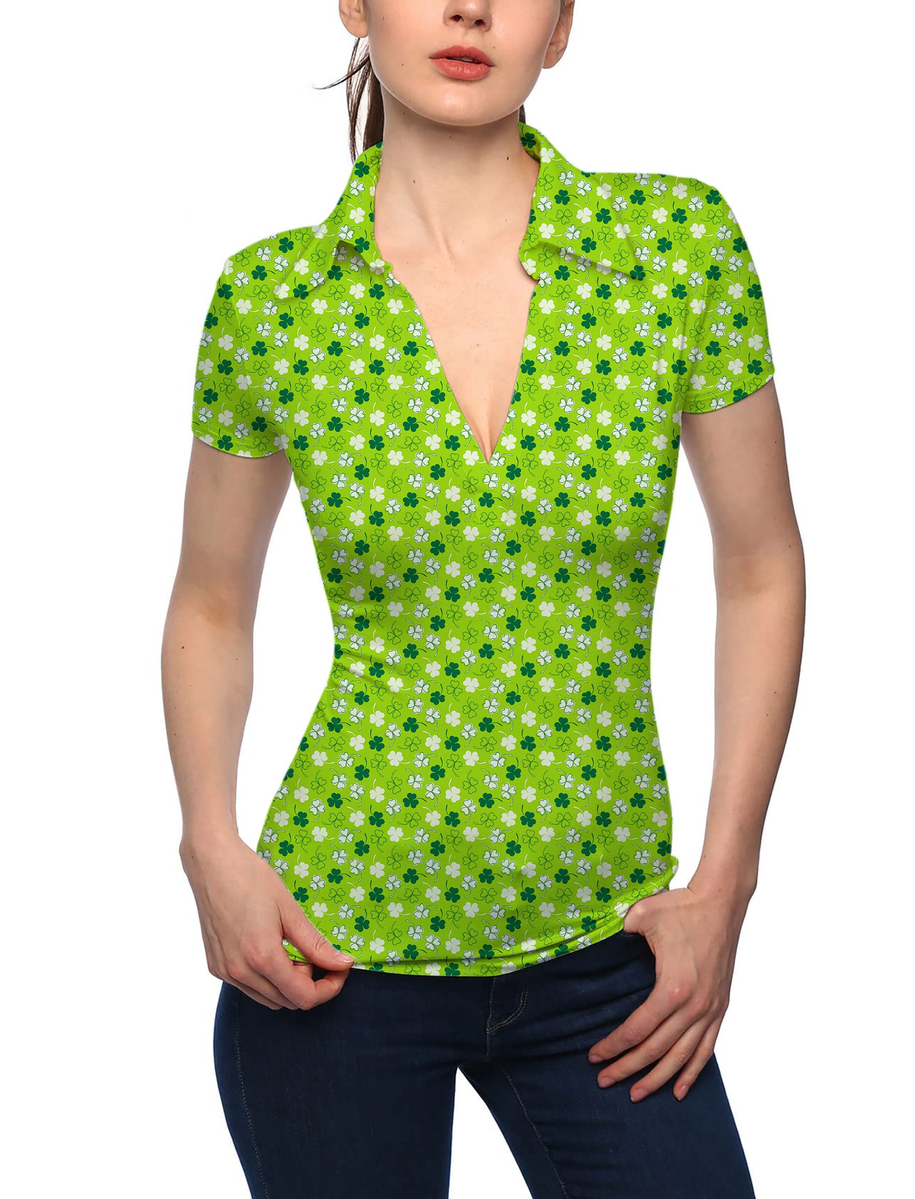 Women's Leaf clover St. Patrick's Day V Neck Golf Polo