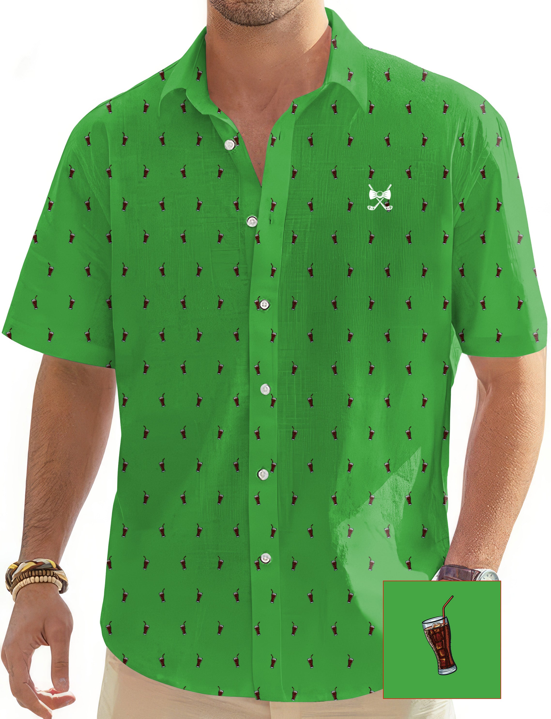 Lime Cola Glass Cup Men's Golf Hawaiian Shirts Button Down Shirt
