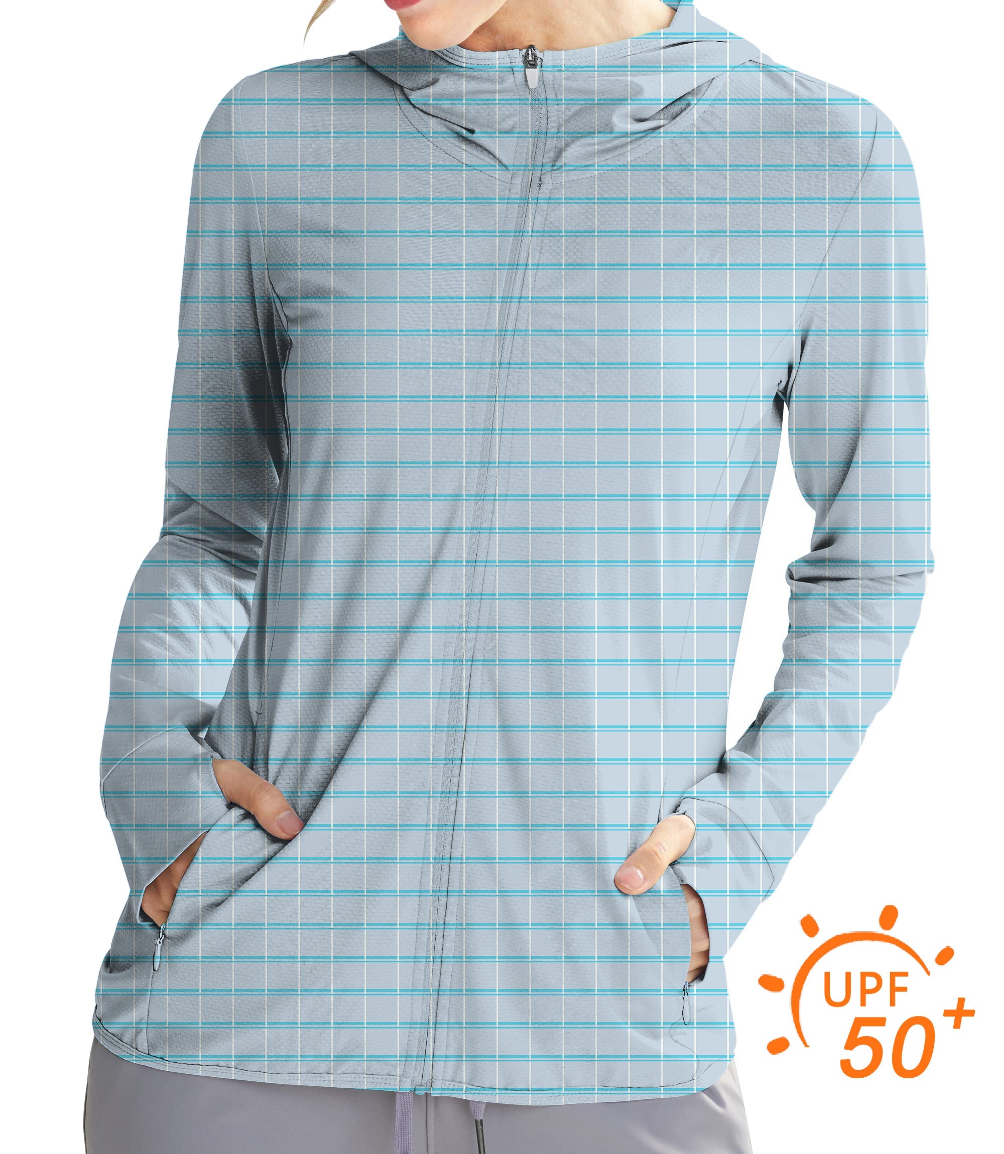 Women's Outdoor Sky blue checkered Golf Sun Protection Slim Fit zip hoodies