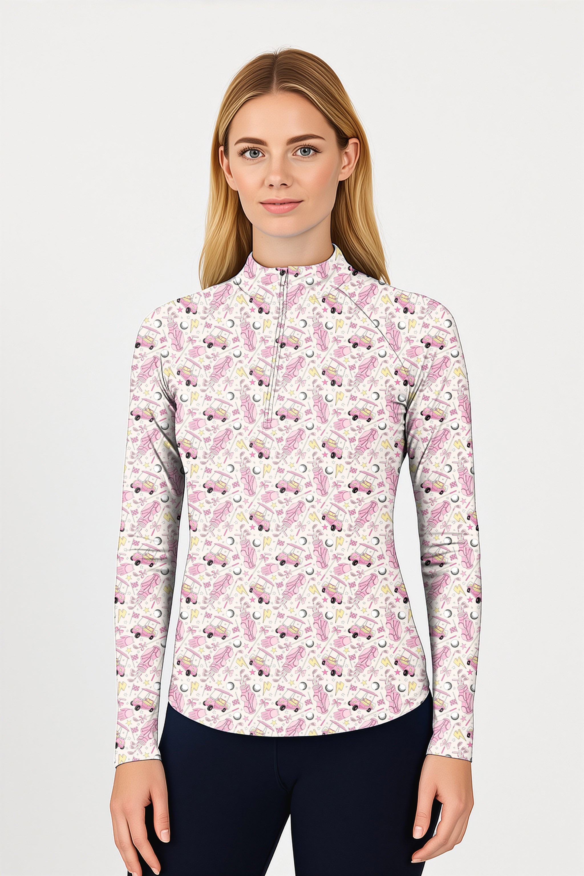 Pink Golf Cartoon Women's Golf Active 3/4 Zipper Top Long Sleeves