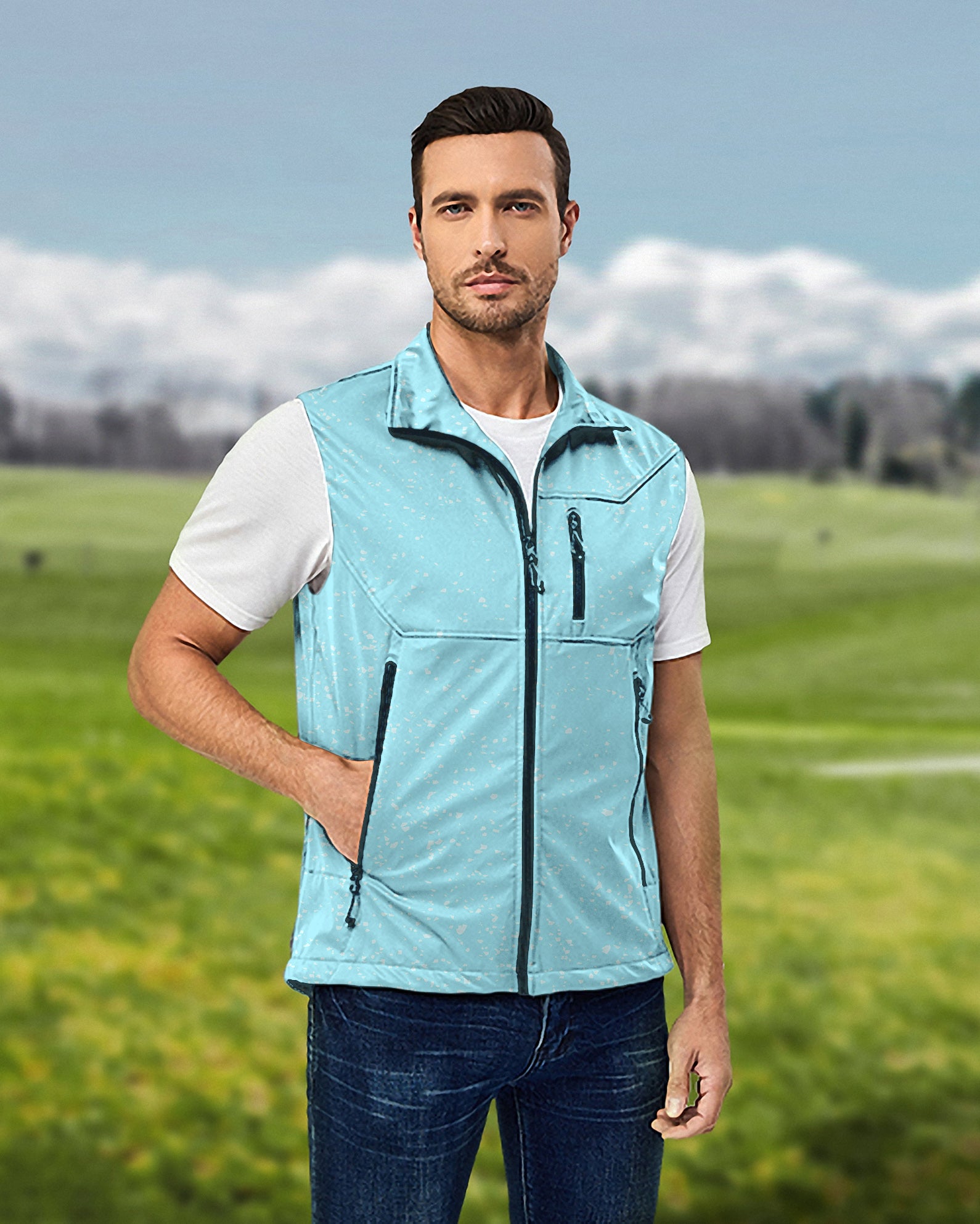 Men's Two tone Lightweight Softshell Vest Sleeveless Jacket for Golf Windproof Waterproof